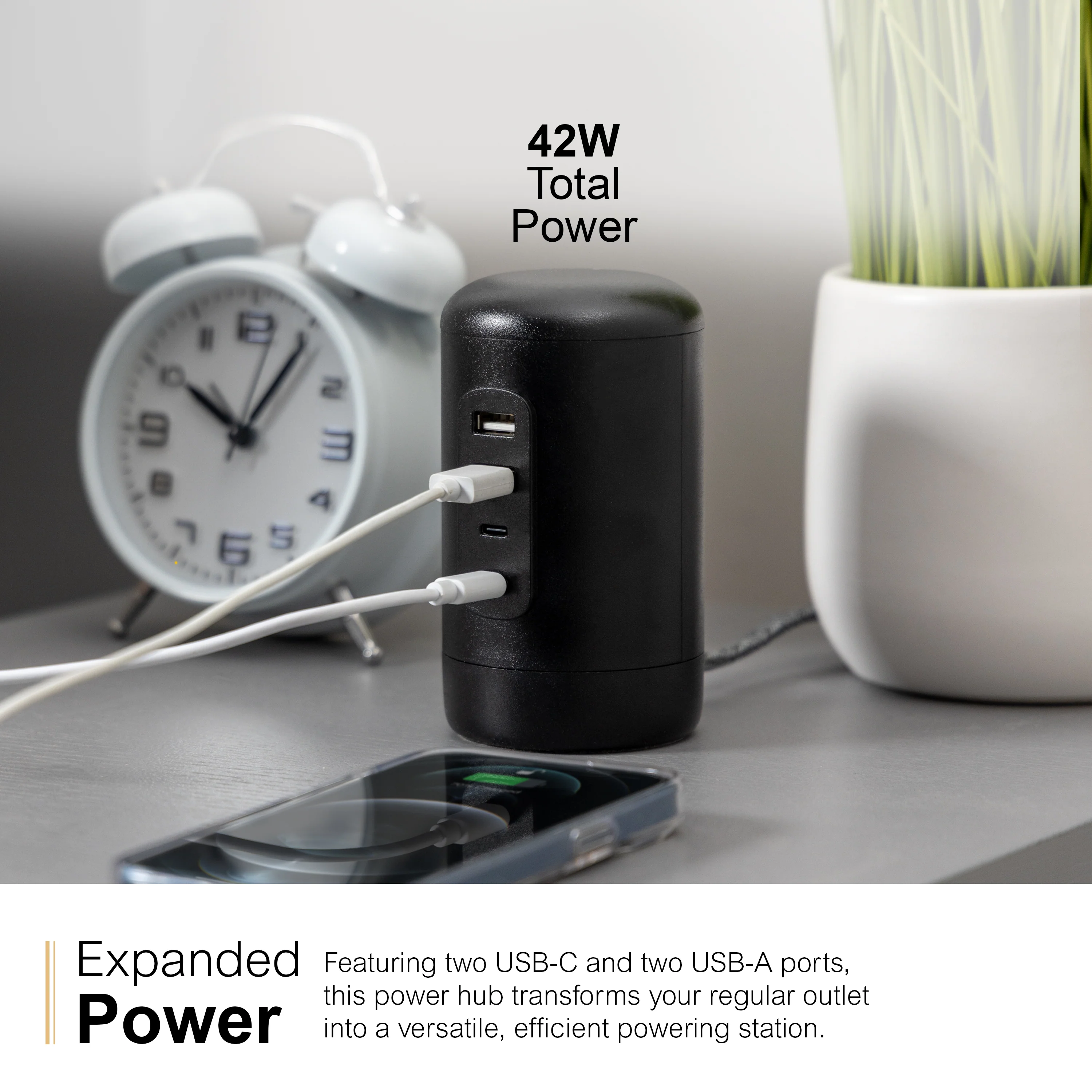 GE Desktop Power Hub, 2 USB-A, 2 USB-C, 5ft. cord, black - Image 5