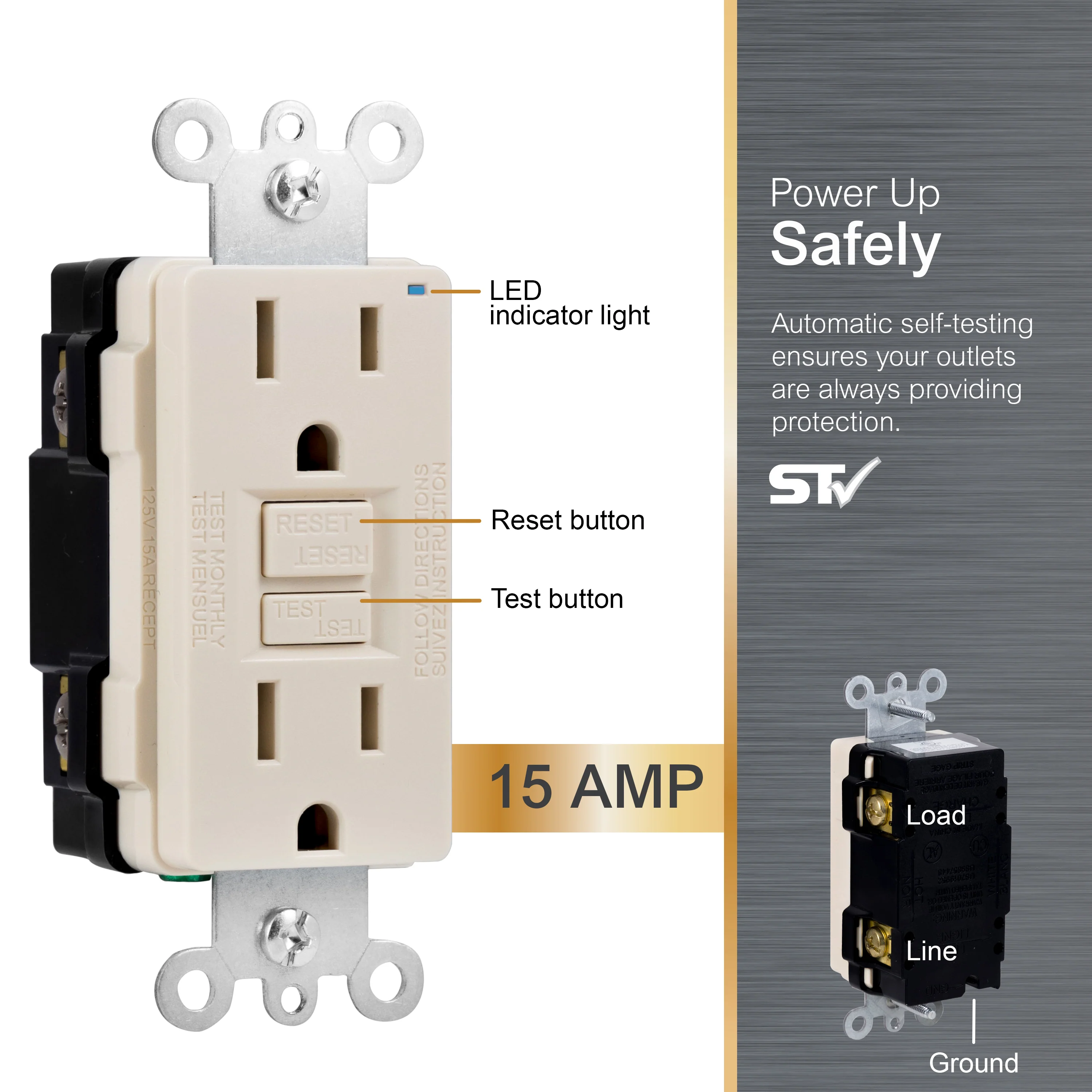 GE GFCI Outlet, 15A, White - Image 5