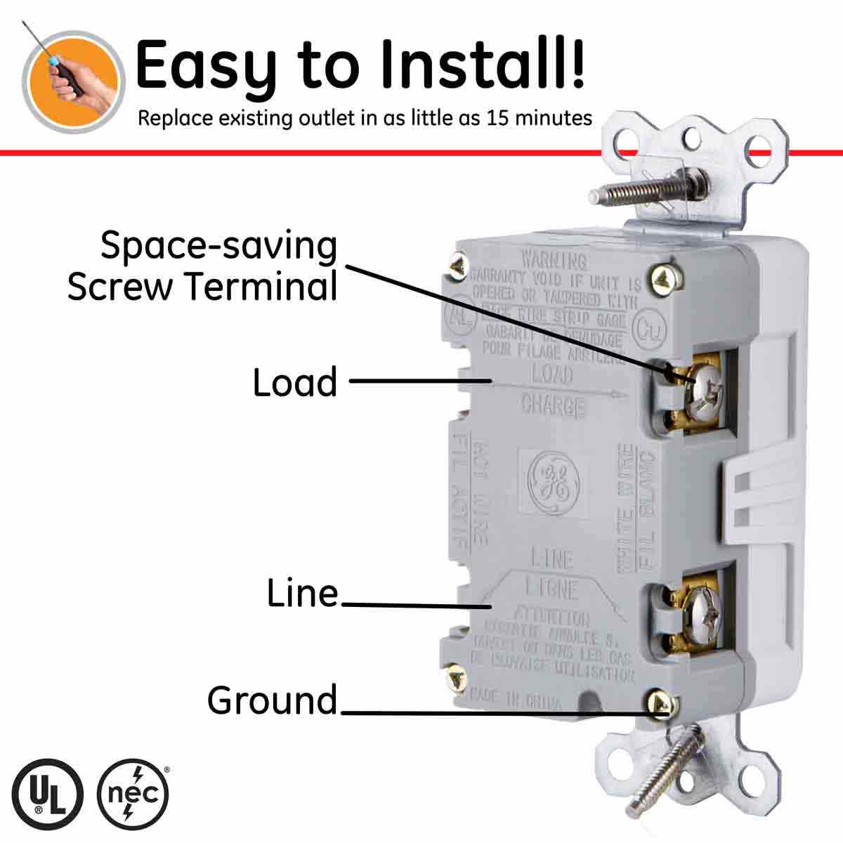 GE GFCI Receptacle with LED Indicator, White - Image 4