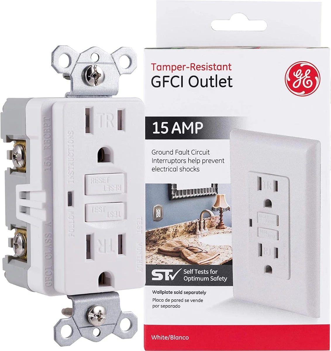 GE GFCI Tamper Resistant Receptacle with LED Indicator, White - Image 9