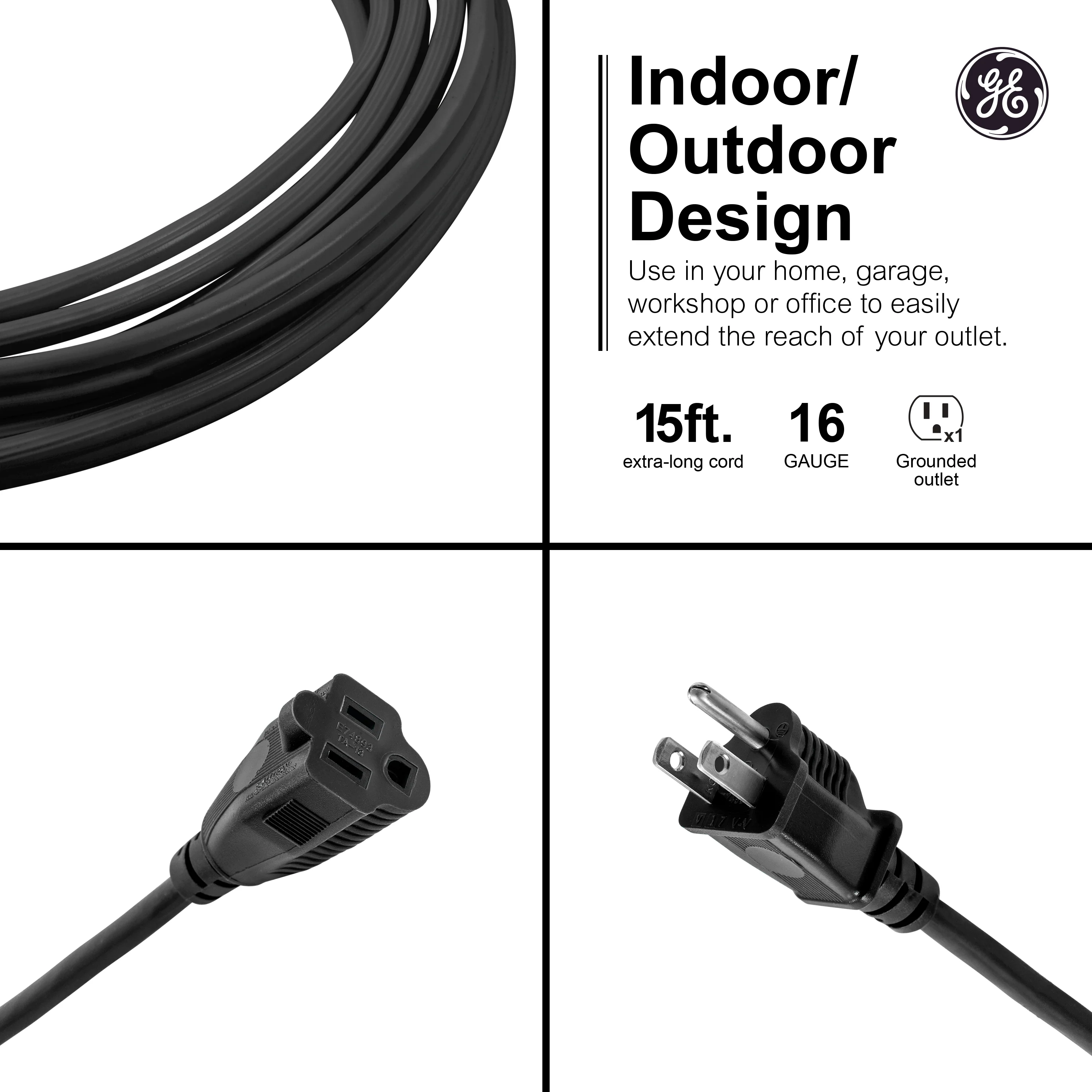 GE Grounded Extension Cord, 15ft., Outdoor, Black, 16-Gauge - Image 2