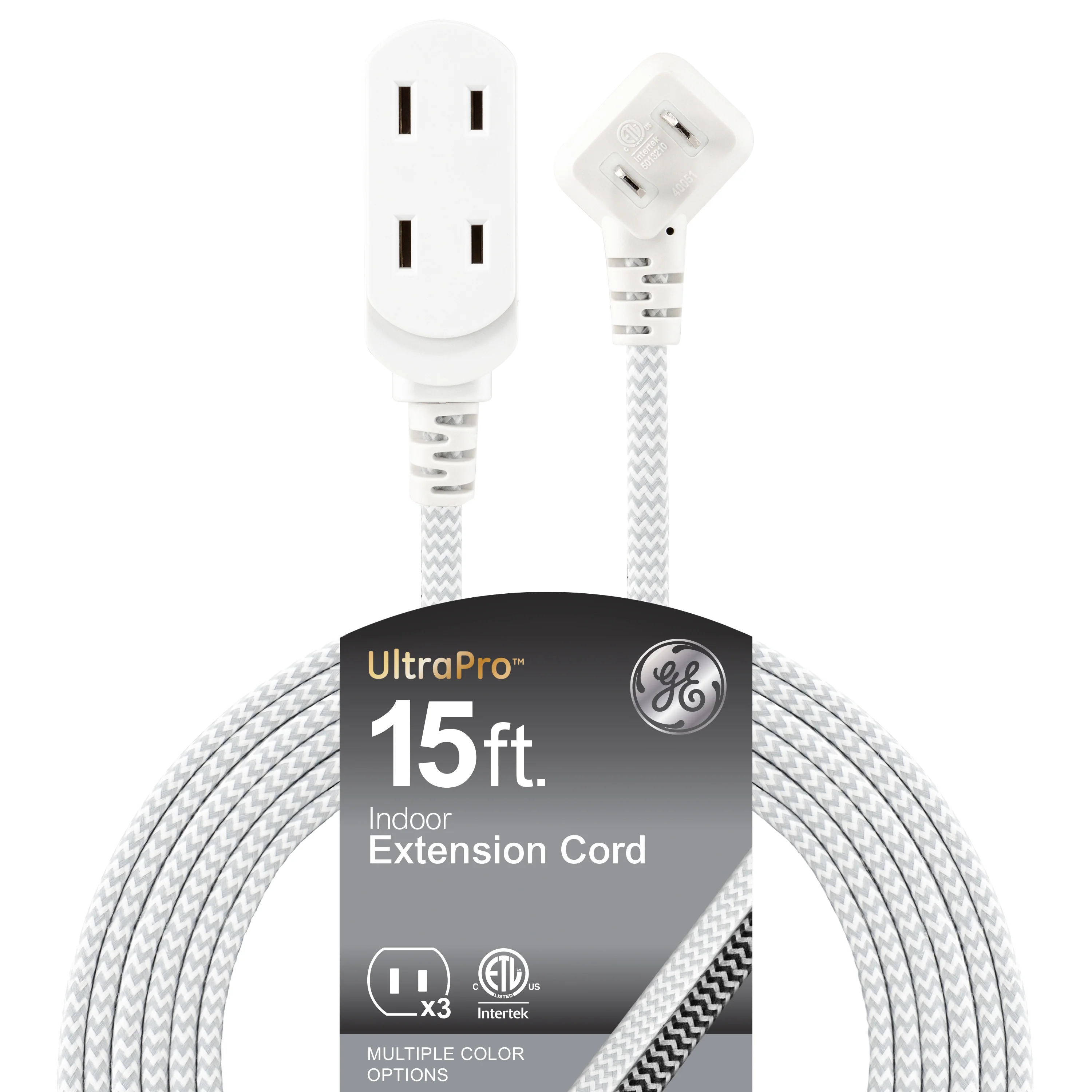 GE Indoor Flat Plug 15 Ft, 3-Outlet Braided Extension Cord, White/Gray