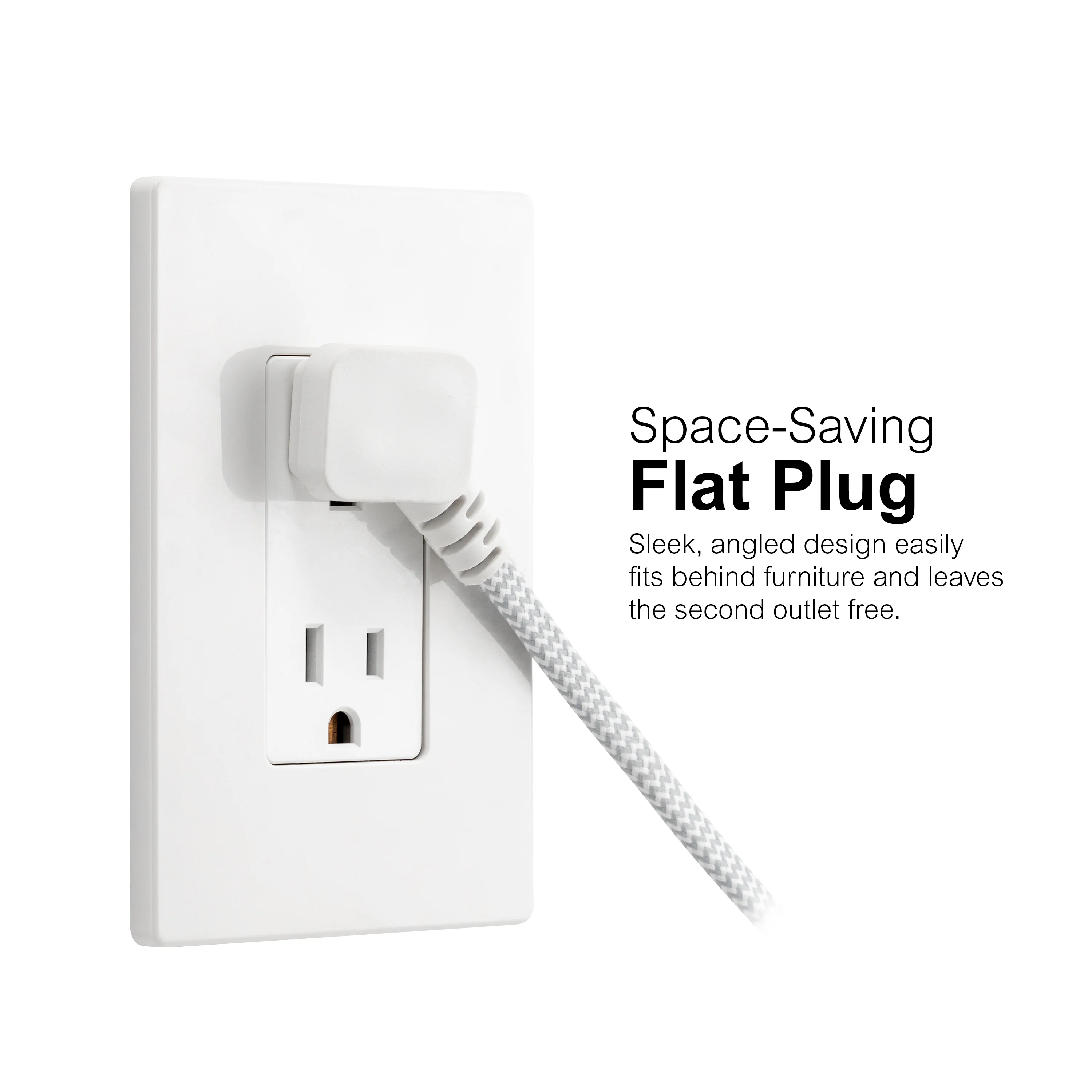 GE Indoor Flat Plug 15 Ft, 3-Outlet Braided Extension Cord, White/Gray - Image 3