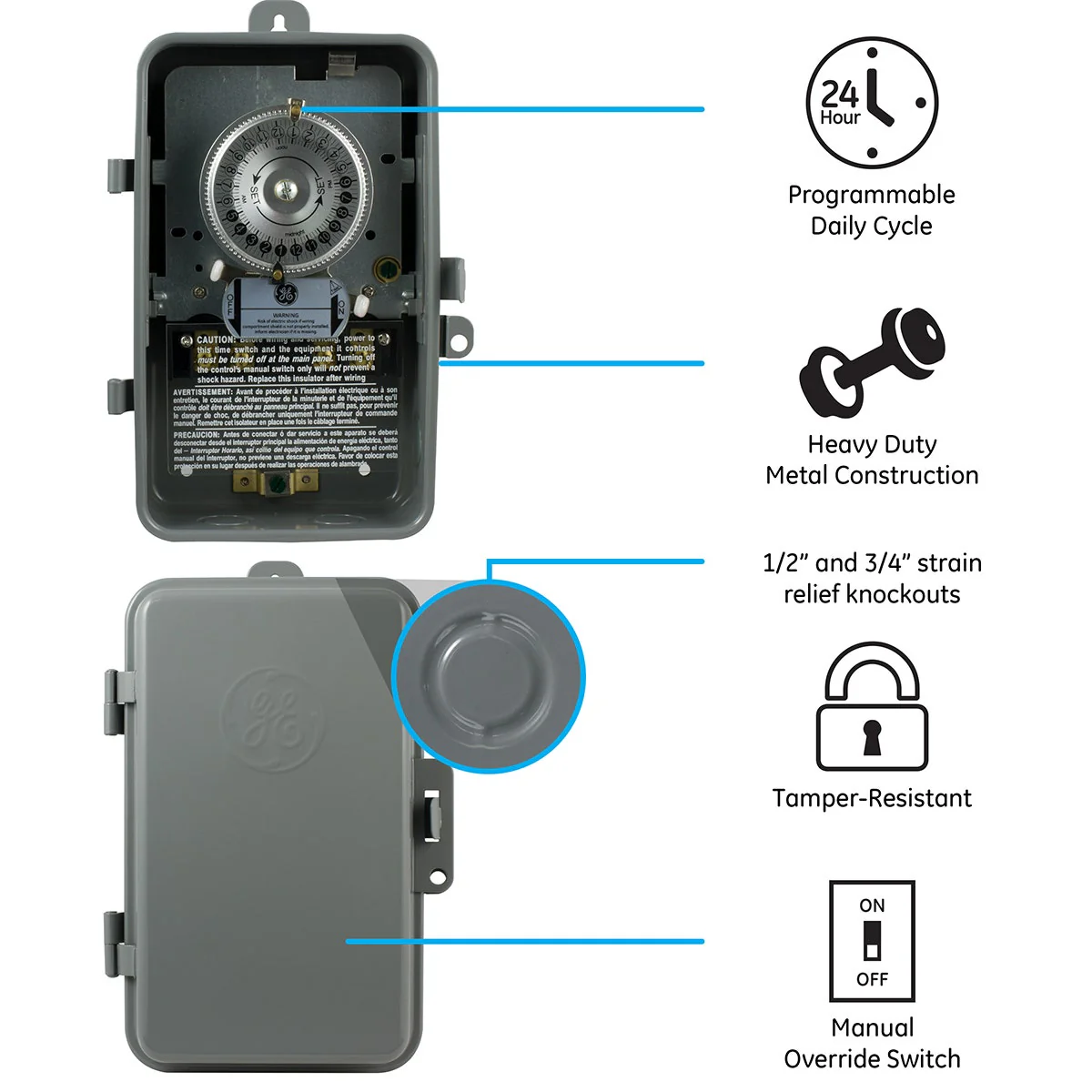 GE Indoor/Outdoor 24-Hour Heavy Duty Mechanical Time Switch, 120 VAC, Gray - Image 5