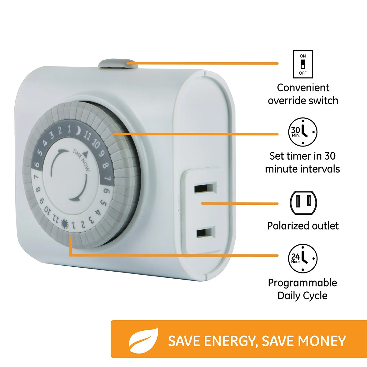 GE Indoor Plug-In 24-Hour Mechanical Timer, White, 3 Pack - Image 3