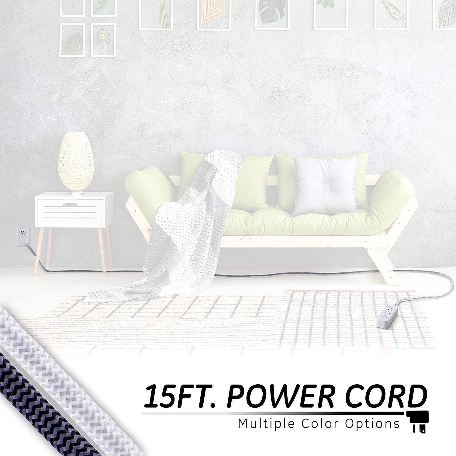 GE Pro 3-Outlet 15ft. Braided Extension Cord, Gray/White - Image 3