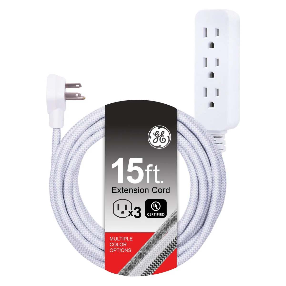 GE Pro 3-Outlet 15ft. Braided Extension Cord, Gray/White - Image 7