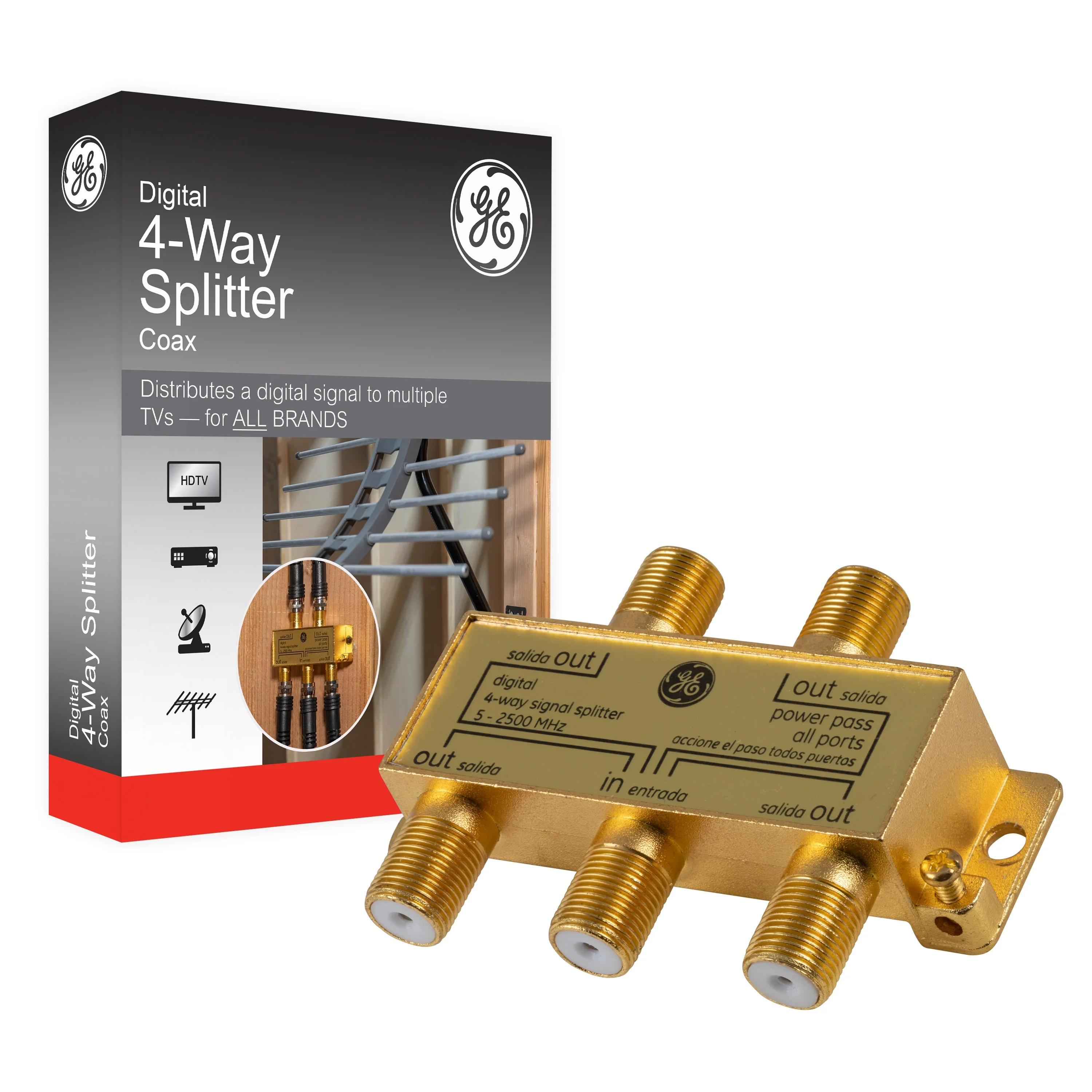 GE Pro Digital 4-Way Coaxial Splitter, Gold - Image 5