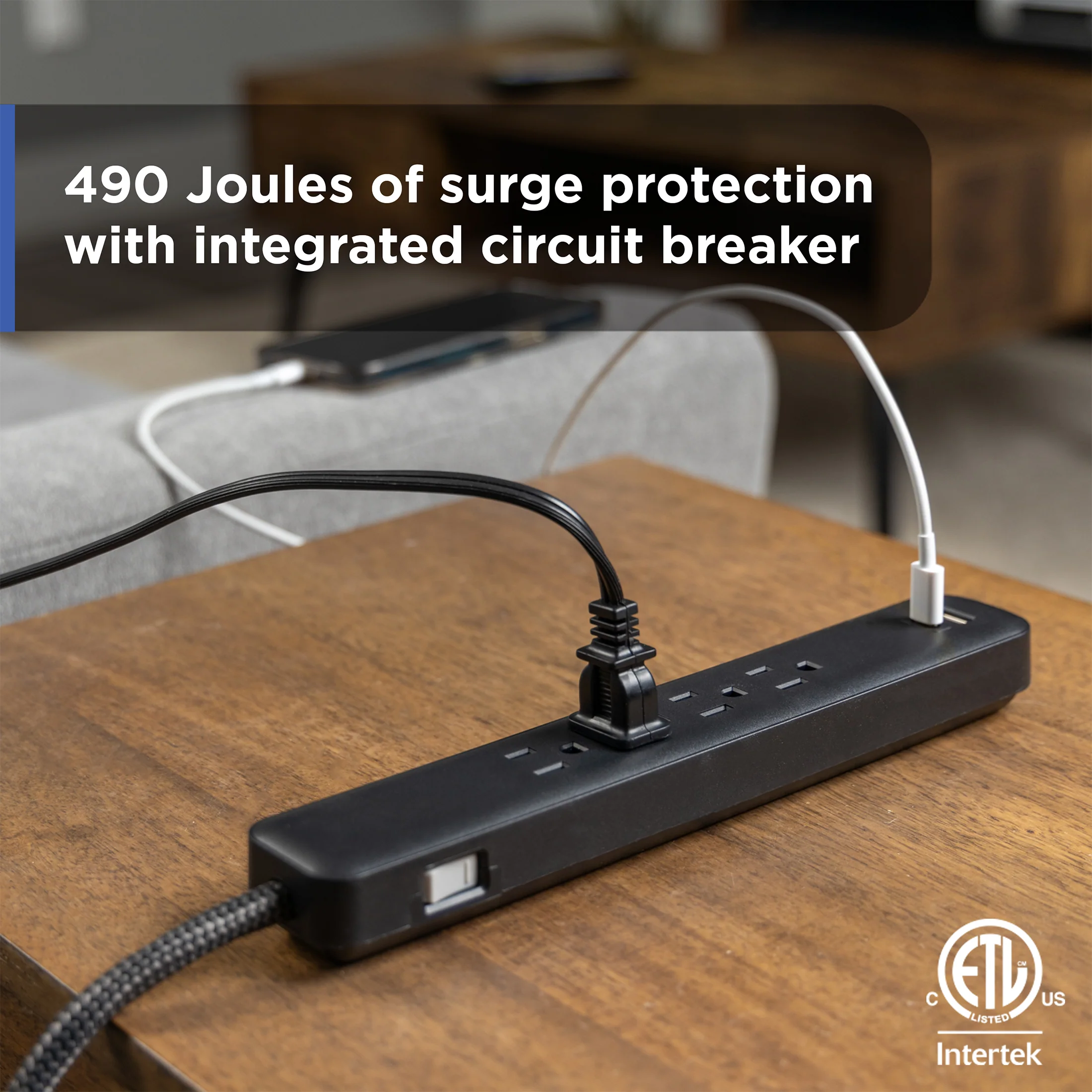 GE Surge Protector Power Strip, 4 Outlets, 1 USB-C & 1 USB-A Port (12W), 490J Protection, 3FT Braided Extension Cord, Flat Plug, Black - Image 7