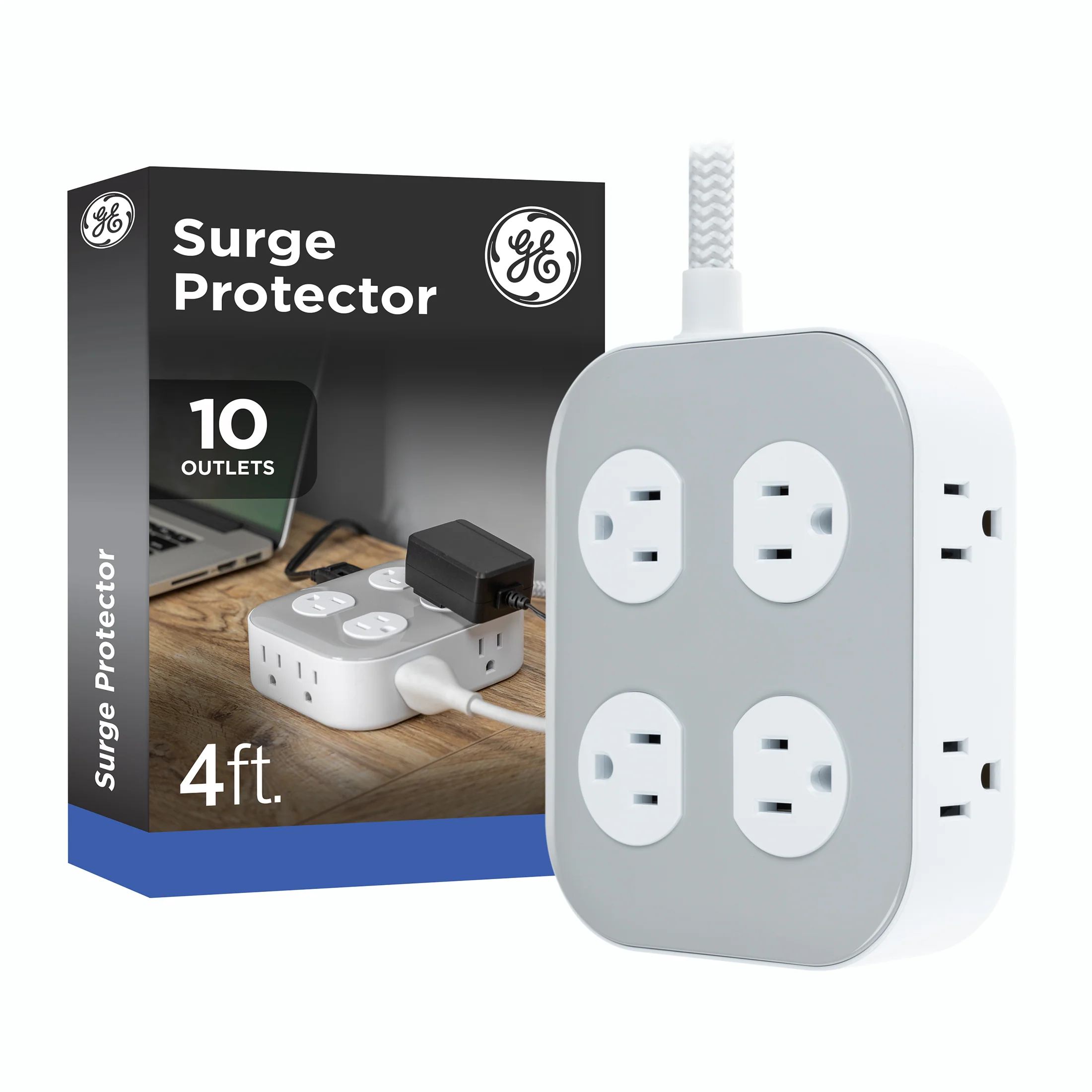 GE UltraPro 10-Outlet Surge Protector, 2100 Joules, 4ft Braided Extension Cord, Flat Plug, Gray/White