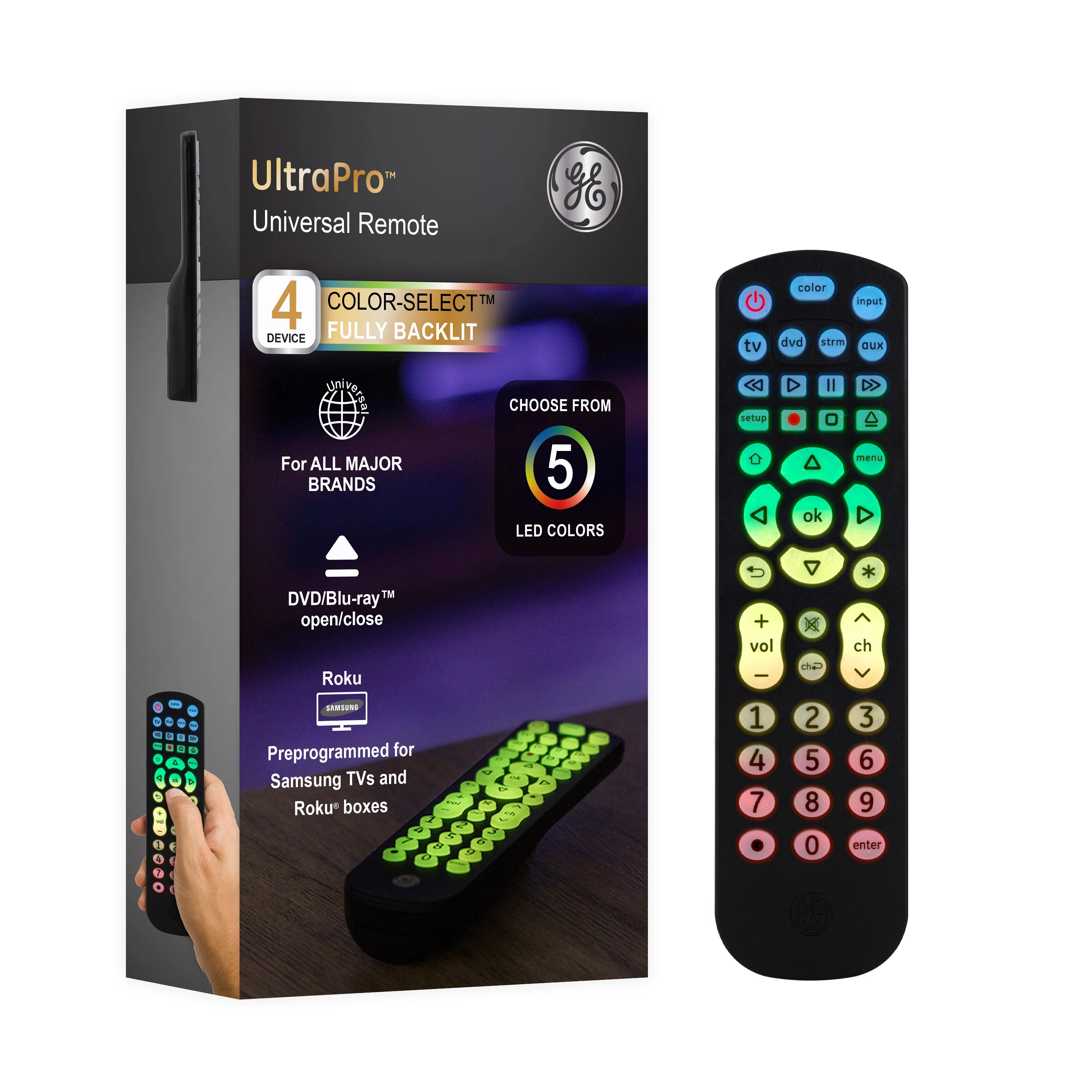 GE UltraPro 4-Device Color Changing Backlight Universal Remote, Black - Image 7