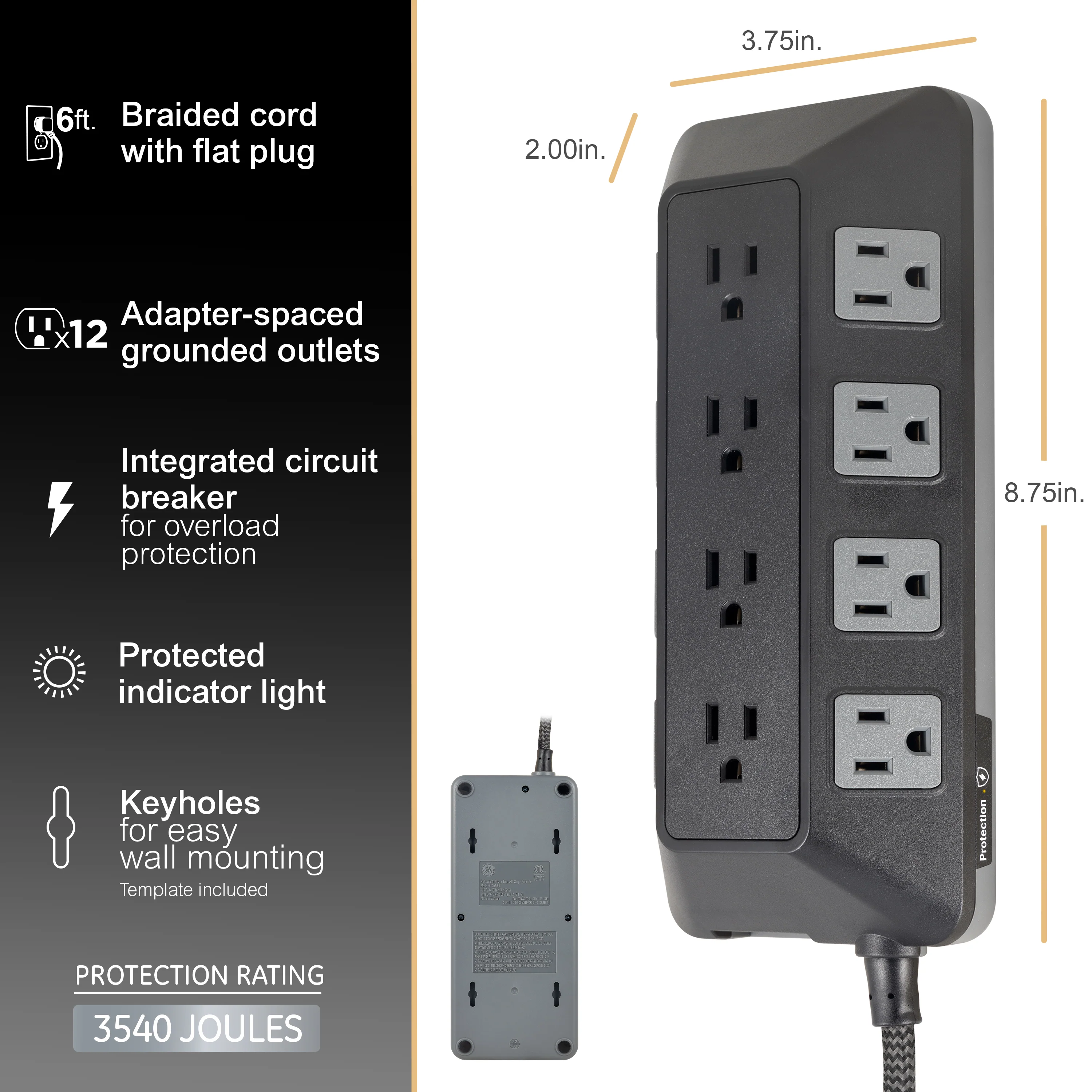 GE UltraPro ADAPT 12-Outlet Surge Protector, 3540J, 6ft. Braided Cord, Black - Image 3