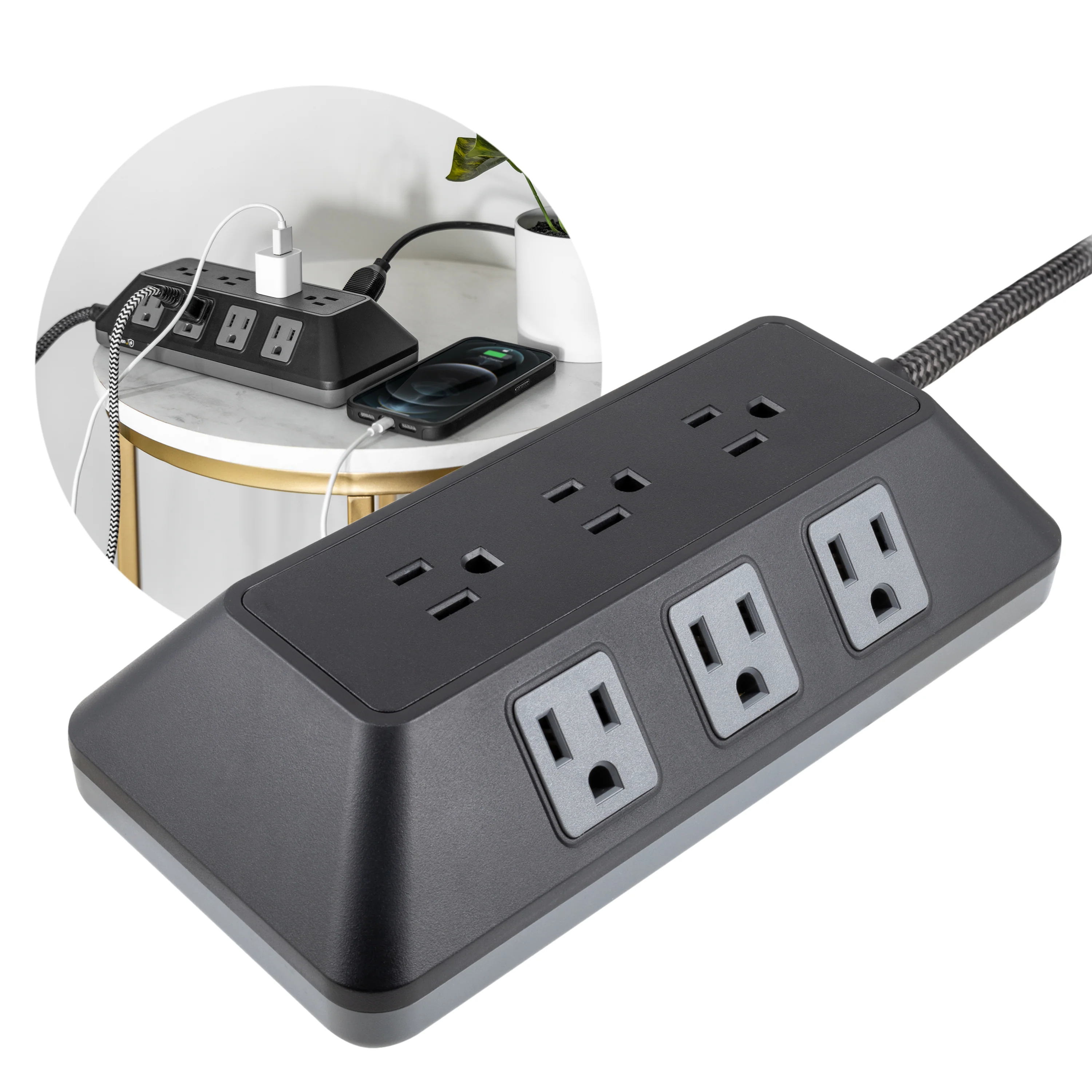 GE UltraPro ADAPT 9-Outlet Surge Protector, 2480J, 8ft. Braided Cord, Black - Image 2