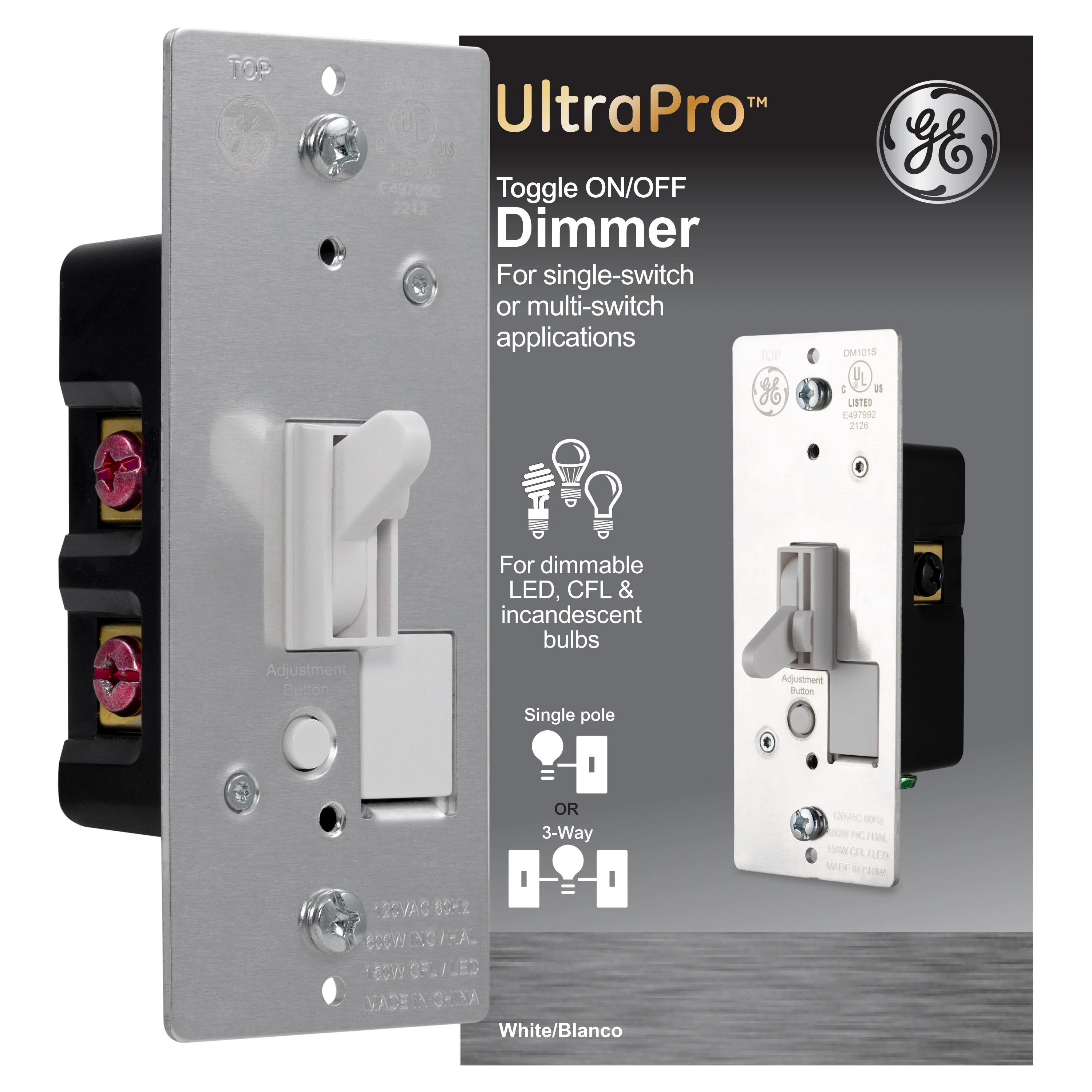GE UltraPro On/Off Single Pole Toggle Dimmer, White - Image 2
