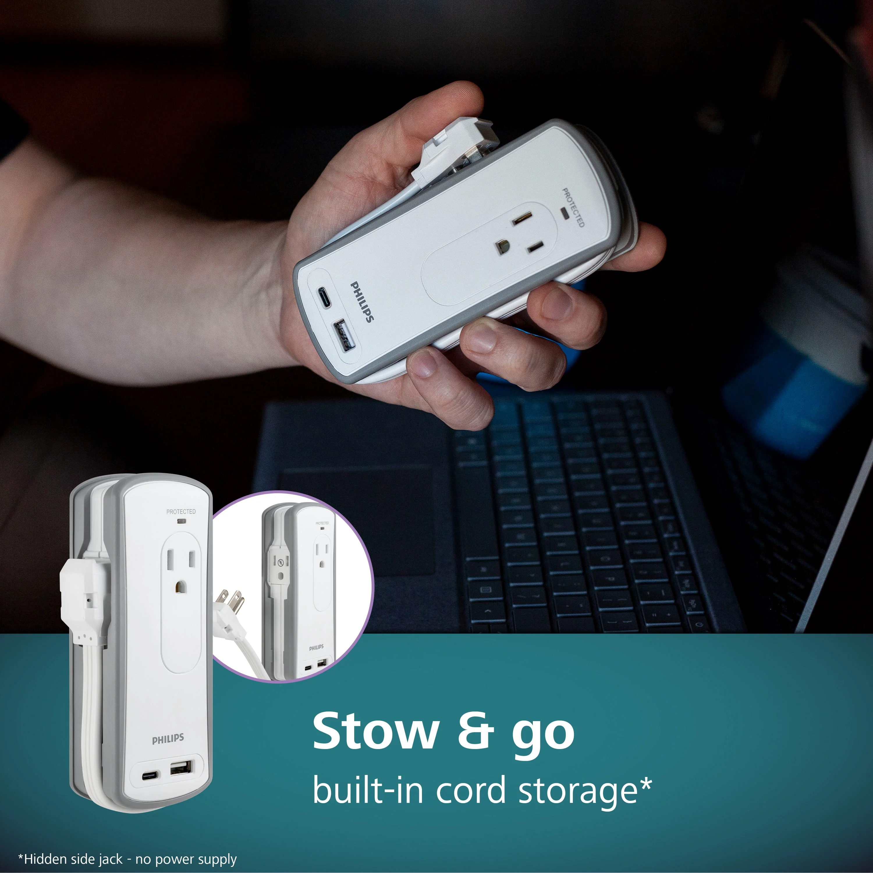 Philips 2-Outlet 2-USB Travel Charging Station with Surge Protection, White/Gray - Image 4