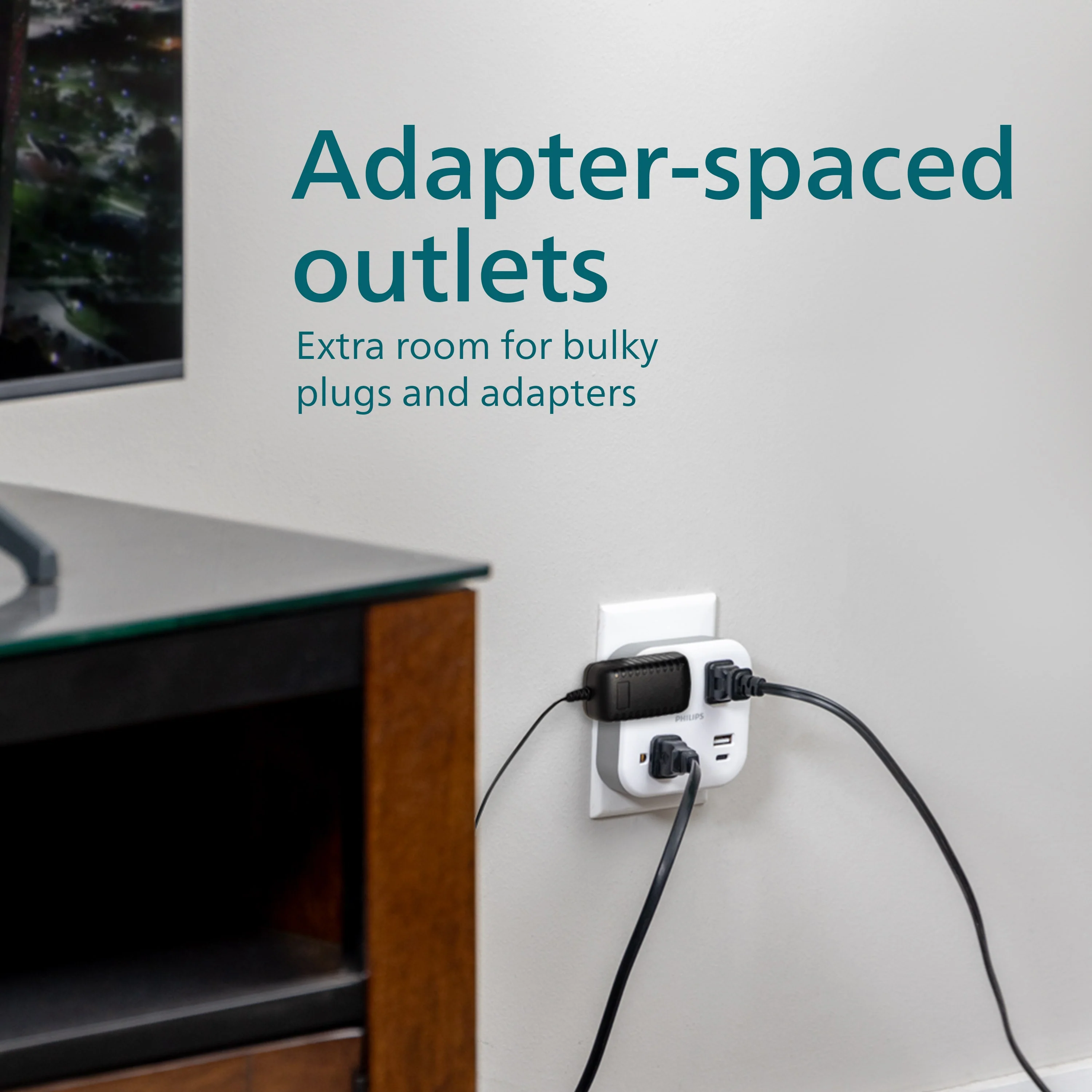 Philips 3-Outlet 1 USB-A 1 USB-C Wall Tap with Surge Protection, White - Image 4