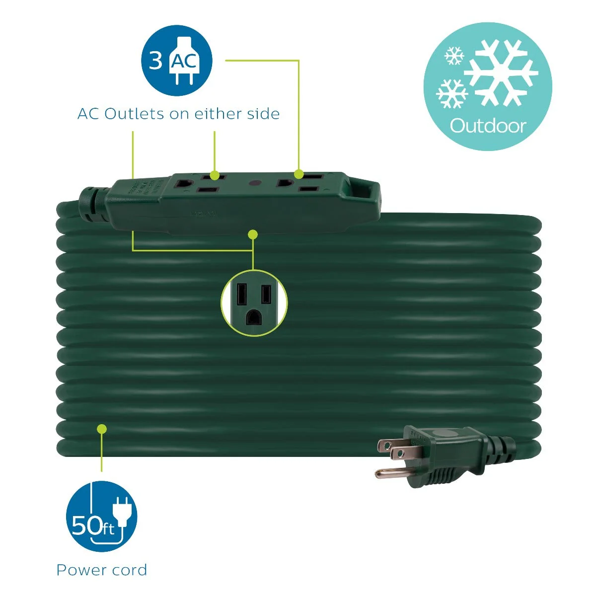 Philips 3-Outlet 25ft. Outdoor Extension Cord with Power Block, Green - Image 3