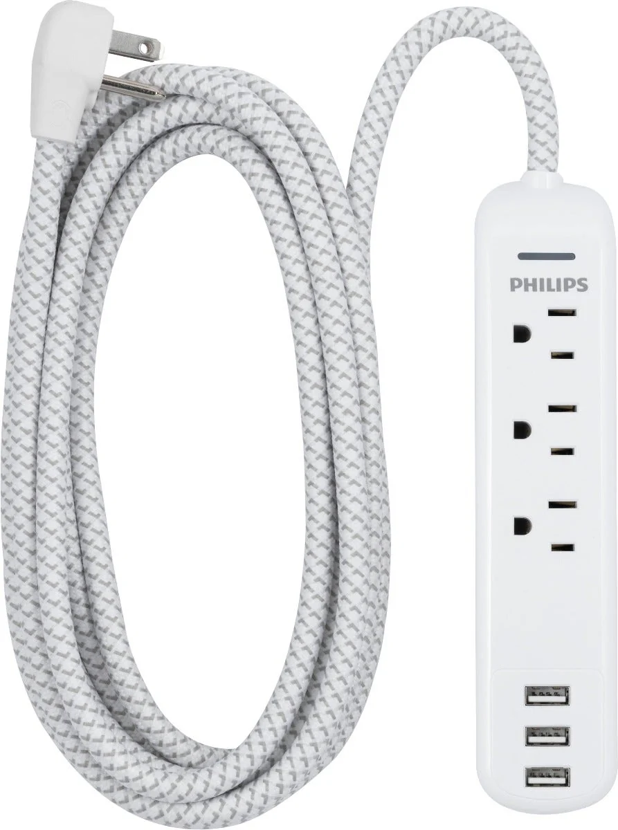 Philips 3-Outlet 3-USB 6ft. Surge Protector with Braided Cord, White - Image 7