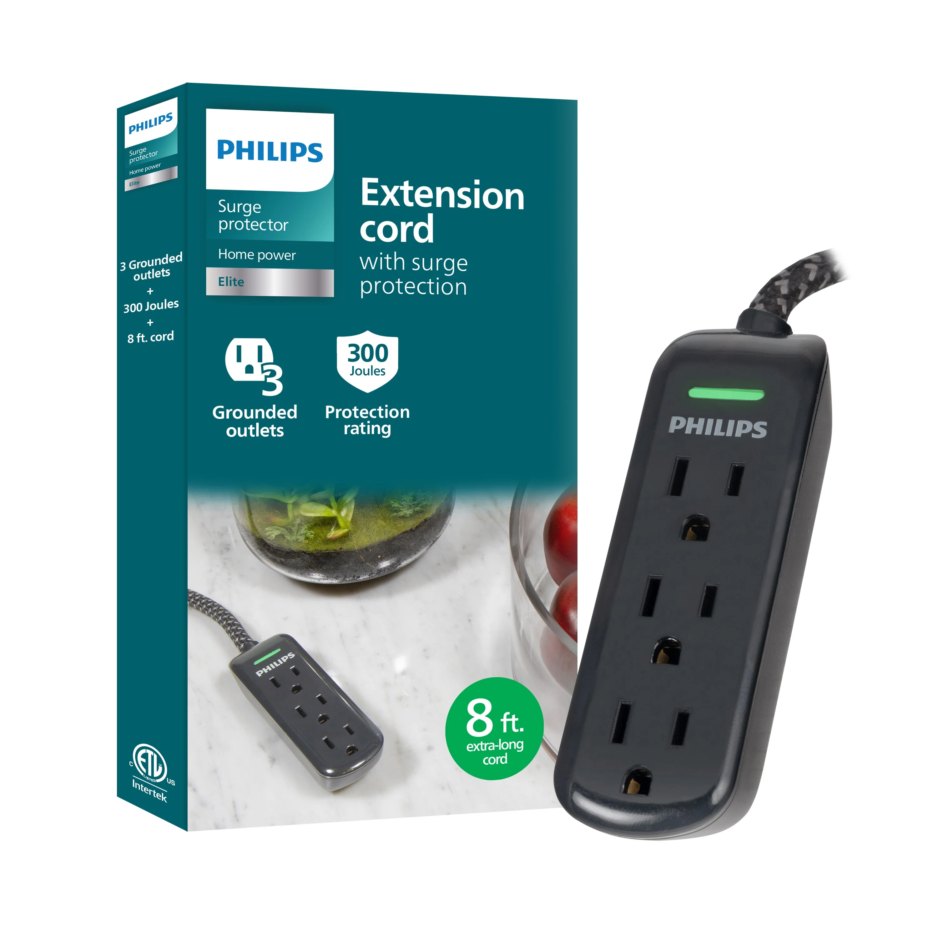 Philips 3-Outlet 8ft. Extension Cord With Surge Protection, Black