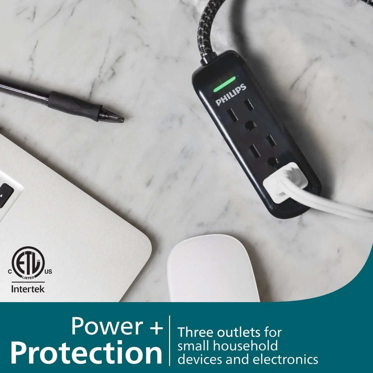 Philips 3-Outlet 8ft. Extension Cord With Surge Protection, Black - Image 3