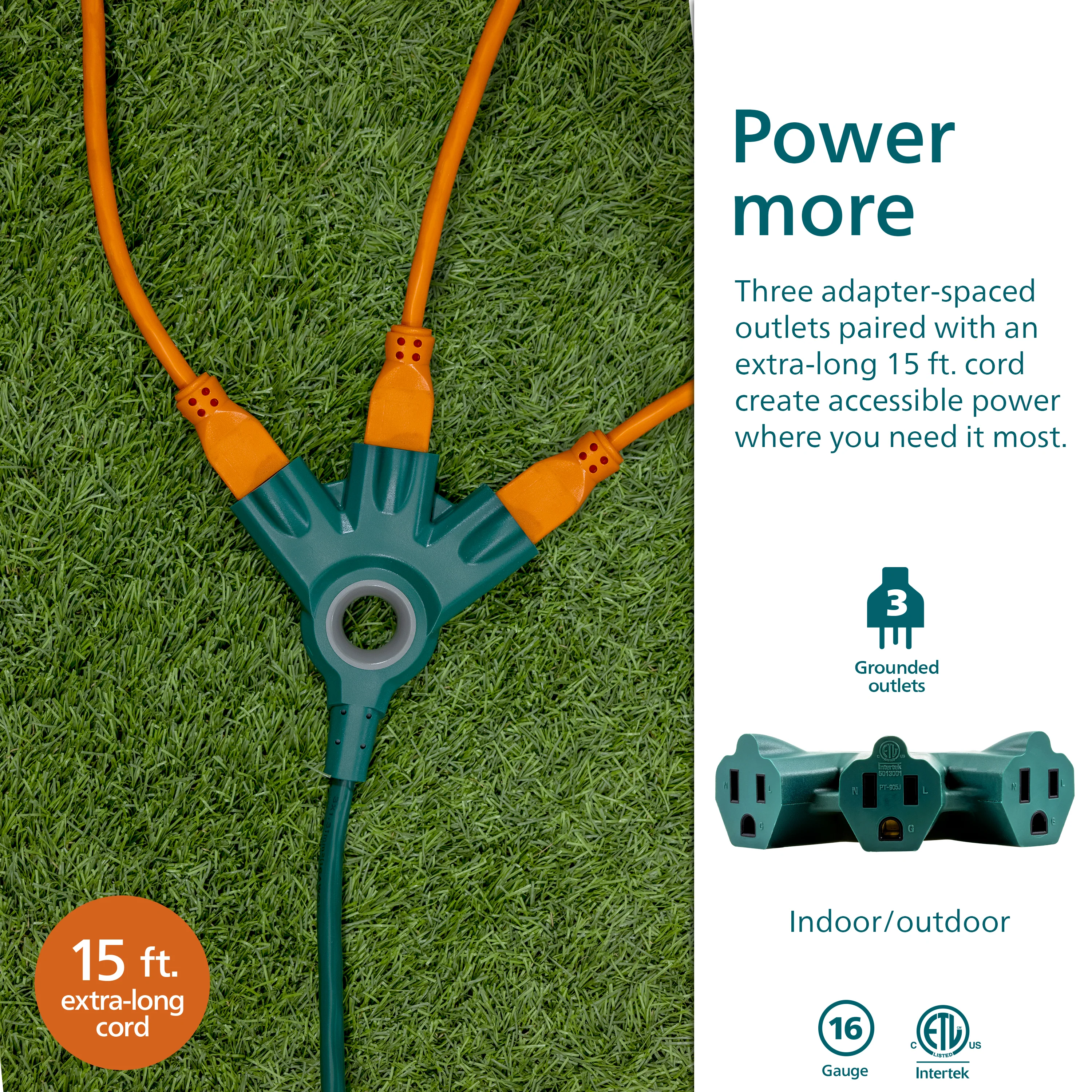 Philips 3-Outlet EZGrip Grounded Extension Cord, 15ft., Indoor/Outdoor, Green - Image 3