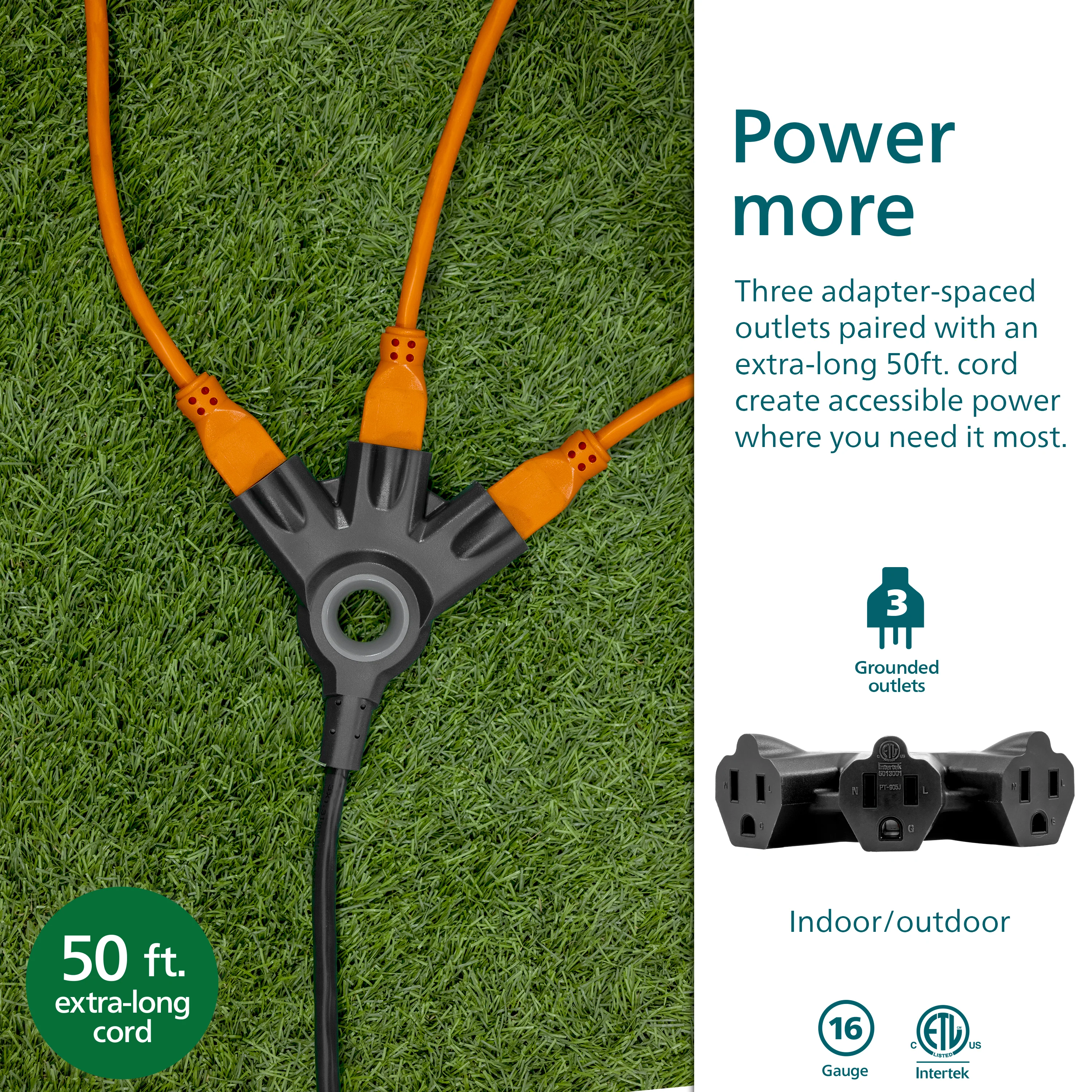 Philips 3-Outlet EZGrip Grounded Extension Cord, 50ft., Indoor/Outdoor, Black - Image 3