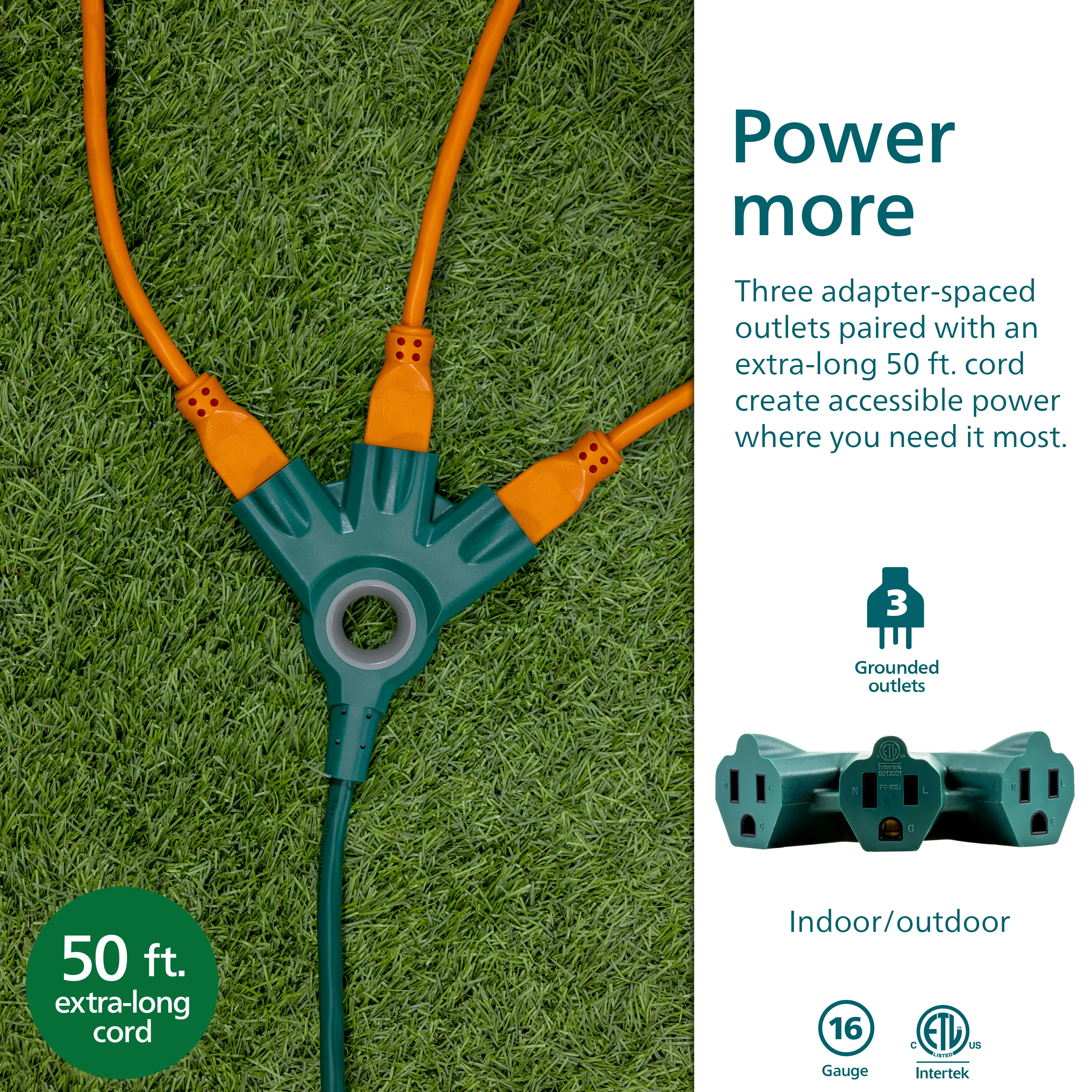 Philips 3-Outlet EZGrip Grounded Extension Cord, 50ft., Indoor/Outdoor, Green - Image 3