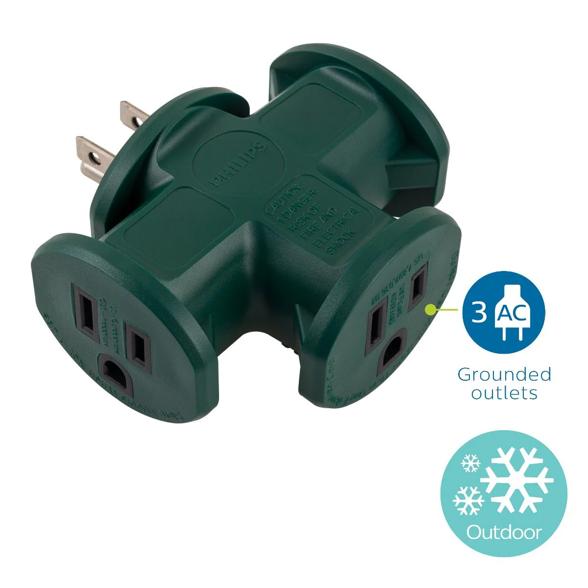 Philips 3-Outlet Heavy Duty T-Shaped Adapter, Green - Image 3