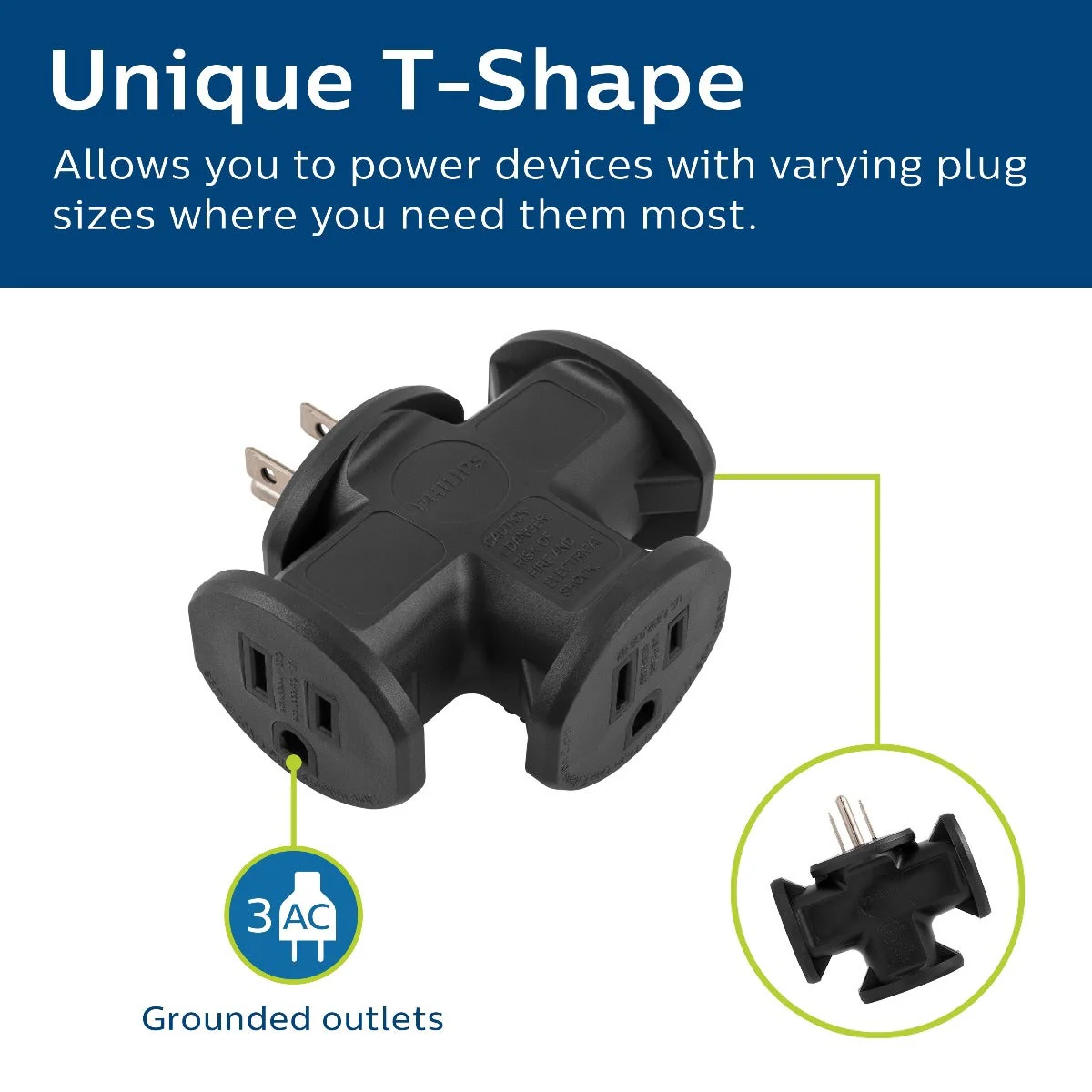 Philips 3-Outlet T-Shaped Adapter, Black - Image 4