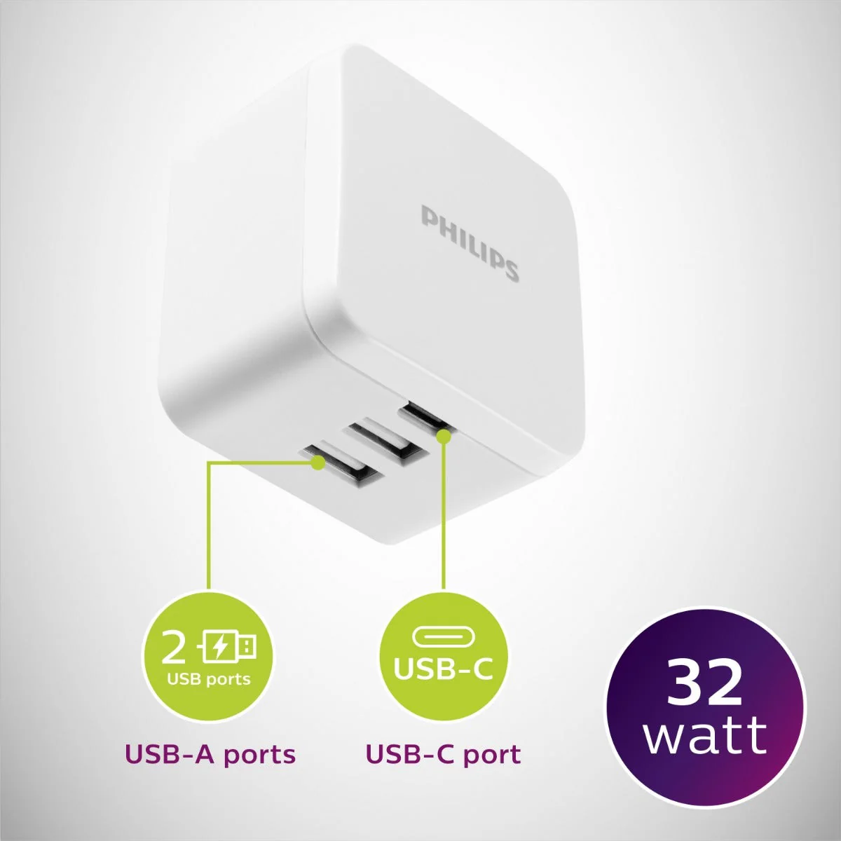 Philips 3-USB Wall Charger with 1 USB-C and 2 USB-A Ports and Power Delivery, White - Image 4