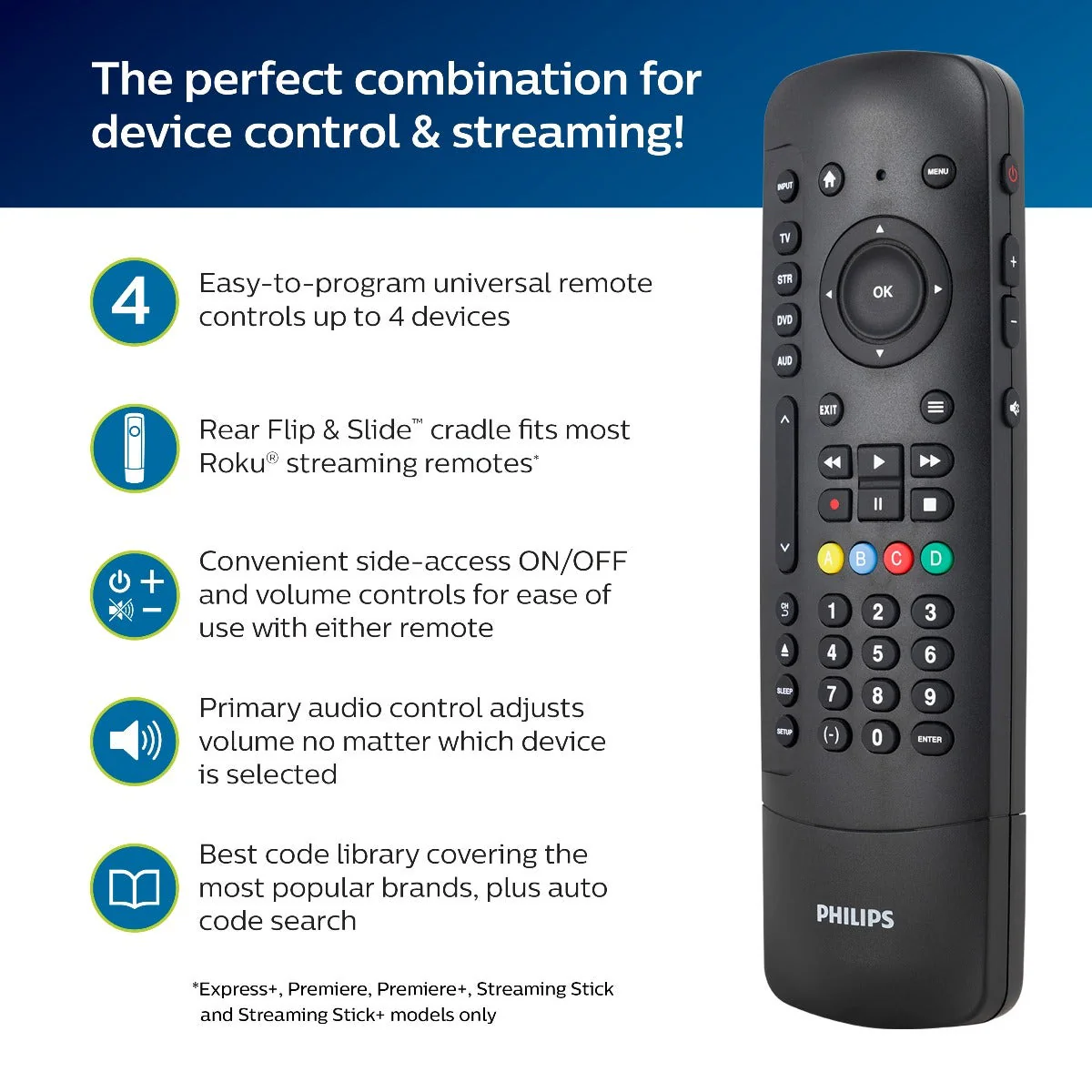 Philips 4-Device Universal Companion Remote for Roku with Flip and Slide Cradle, Black - Image 9