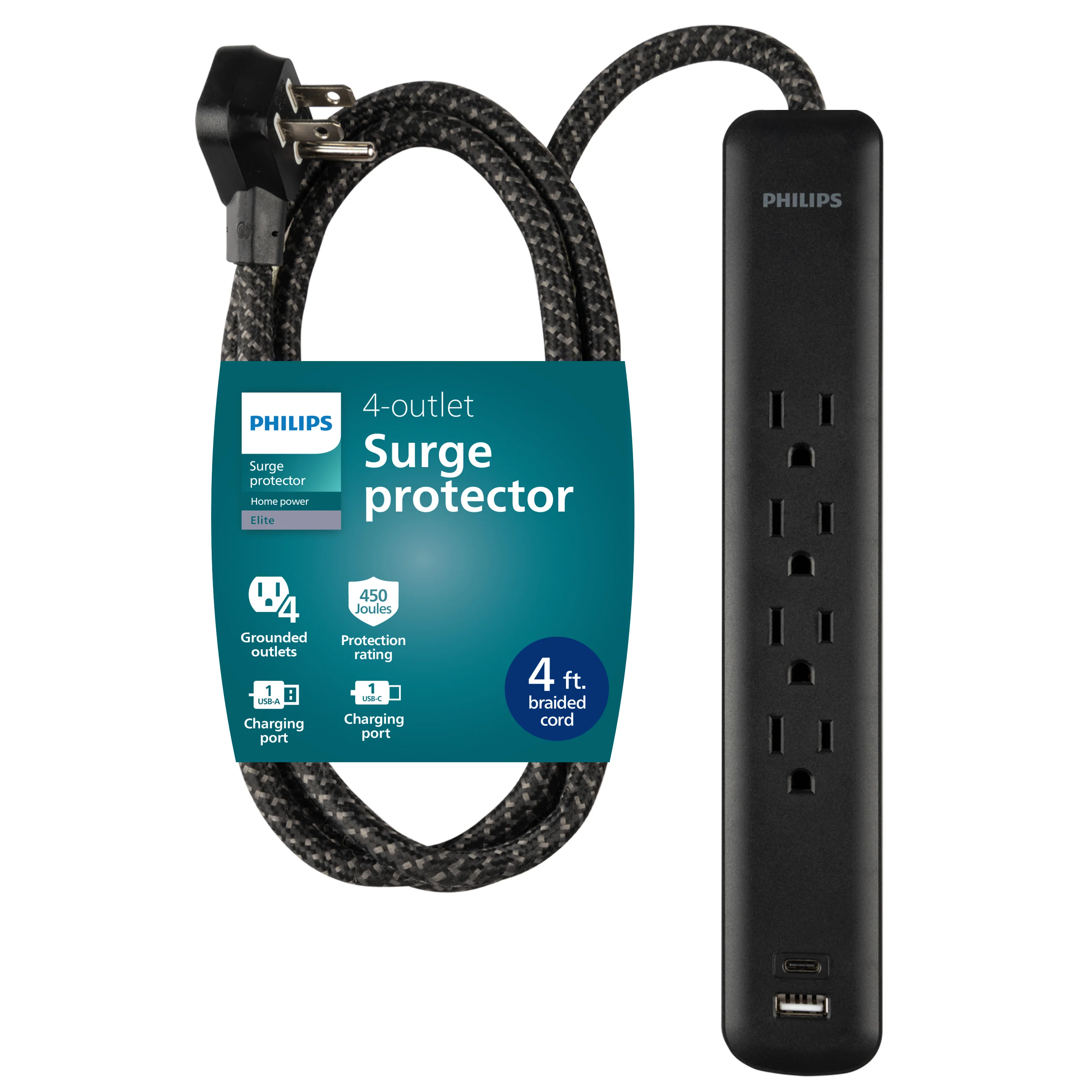 Philips 4-Outlet, 1-USB-C, 1-USB-A Surge Protector, 15W, 450J, 4ft Braided Cord, black