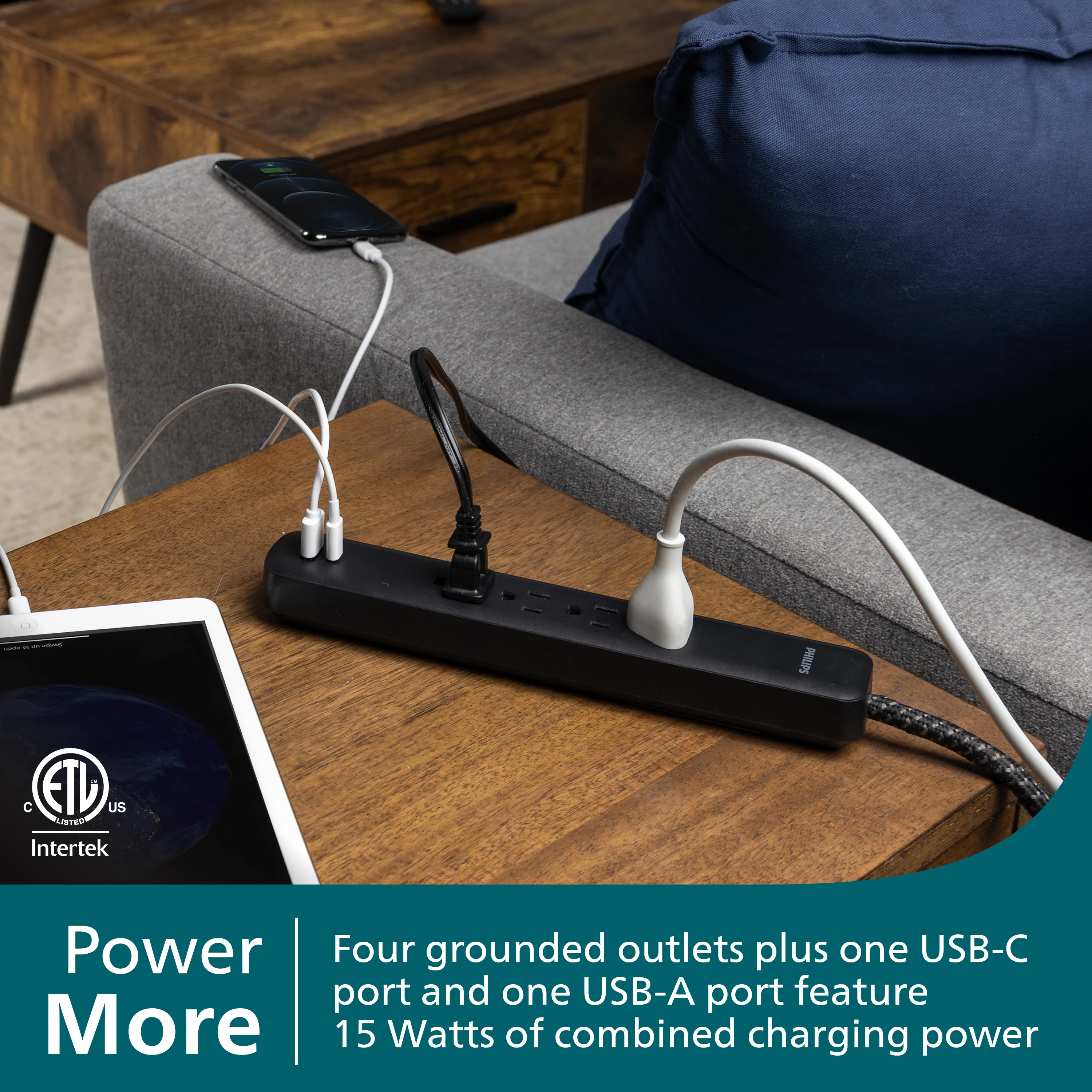 Philips 4-Outlet, 1-USB-C, 1-USB-A Surge Protector, 15W, 450J, 4ft Braided Cord, black - Image 2