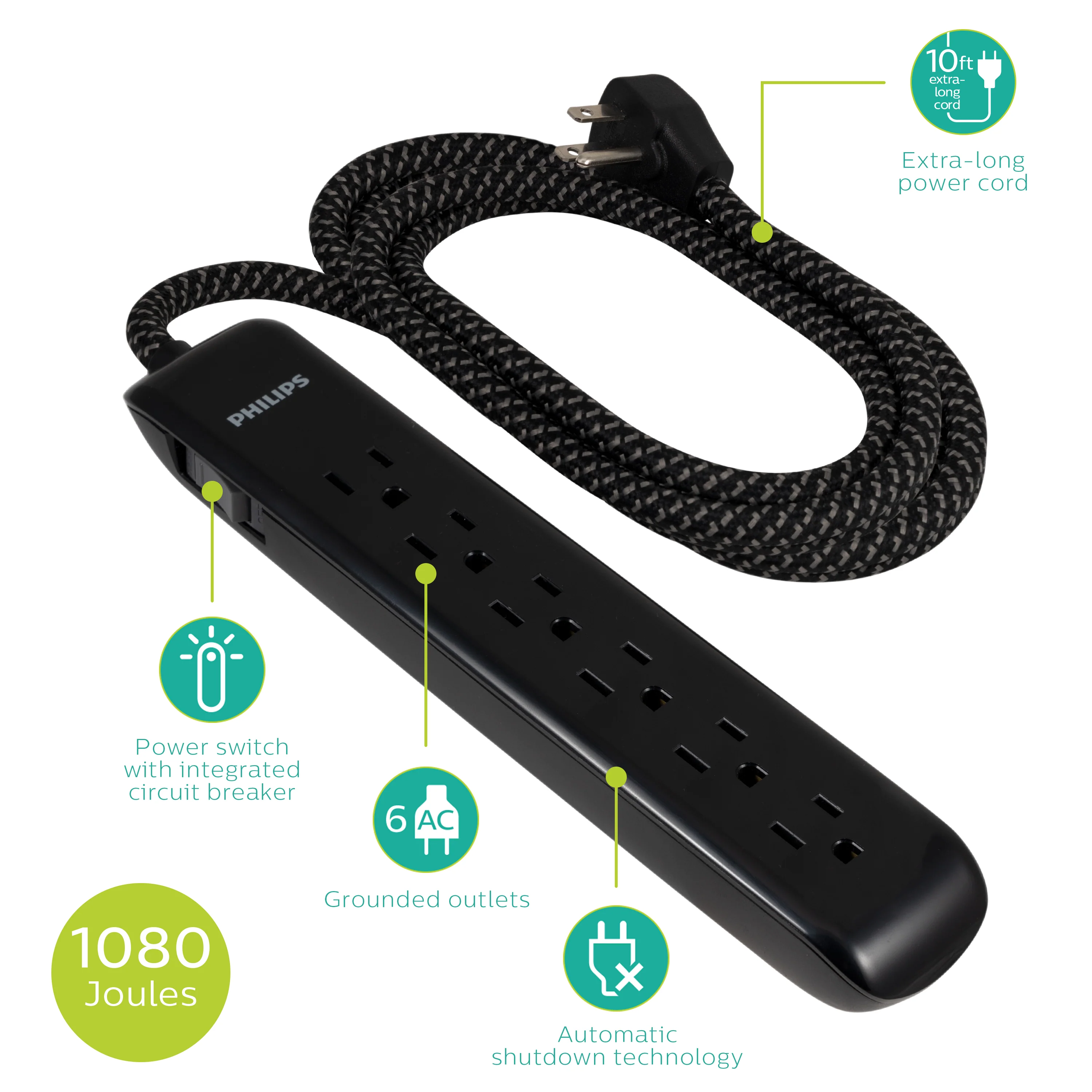 Philips 6-Outlet Surge Protector, 1080J, 10ft Braided Cord, Black - Image 2