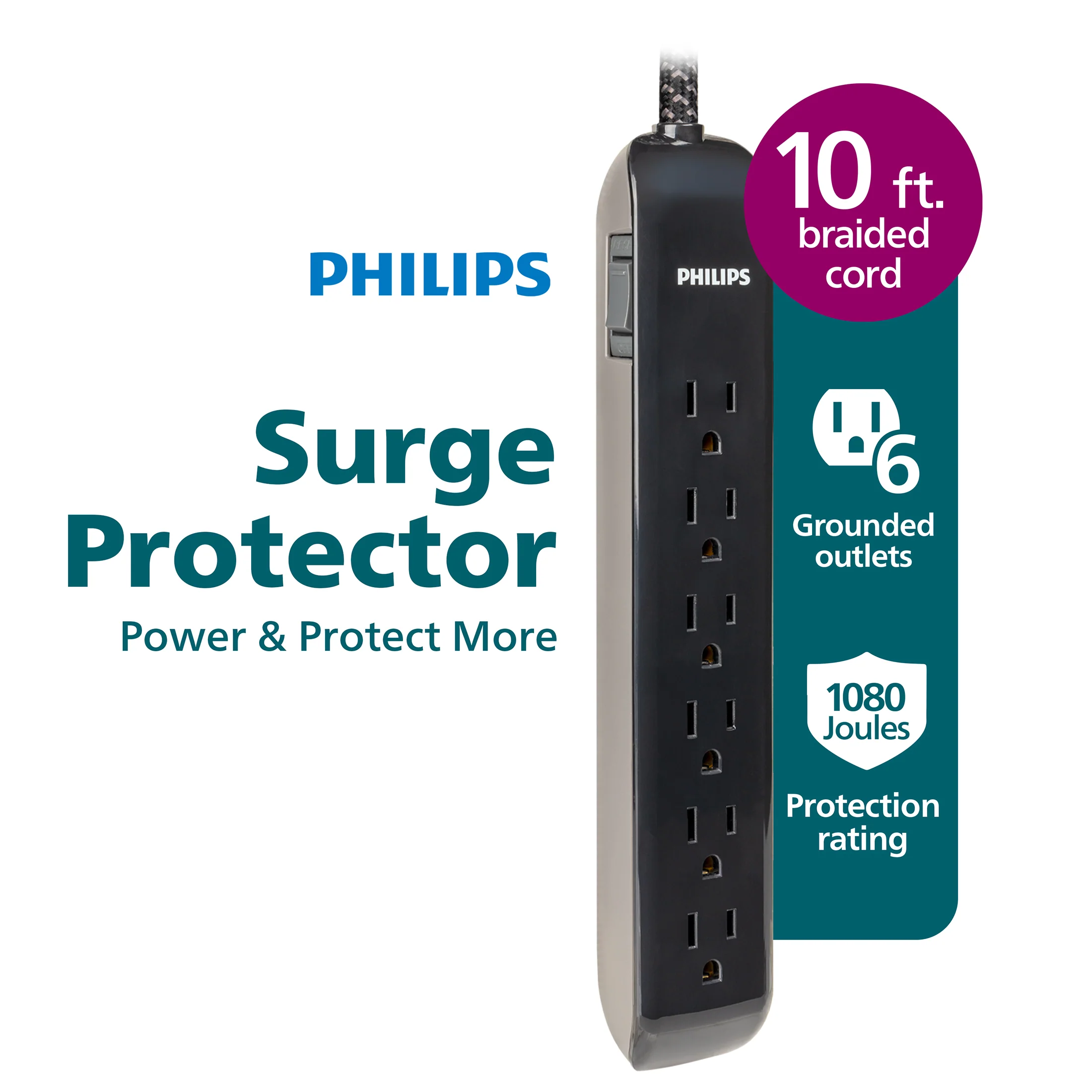 Philips 6-Outlet Surge Protector, 1080J, 10ft Braided Cord, Black - Image 7
