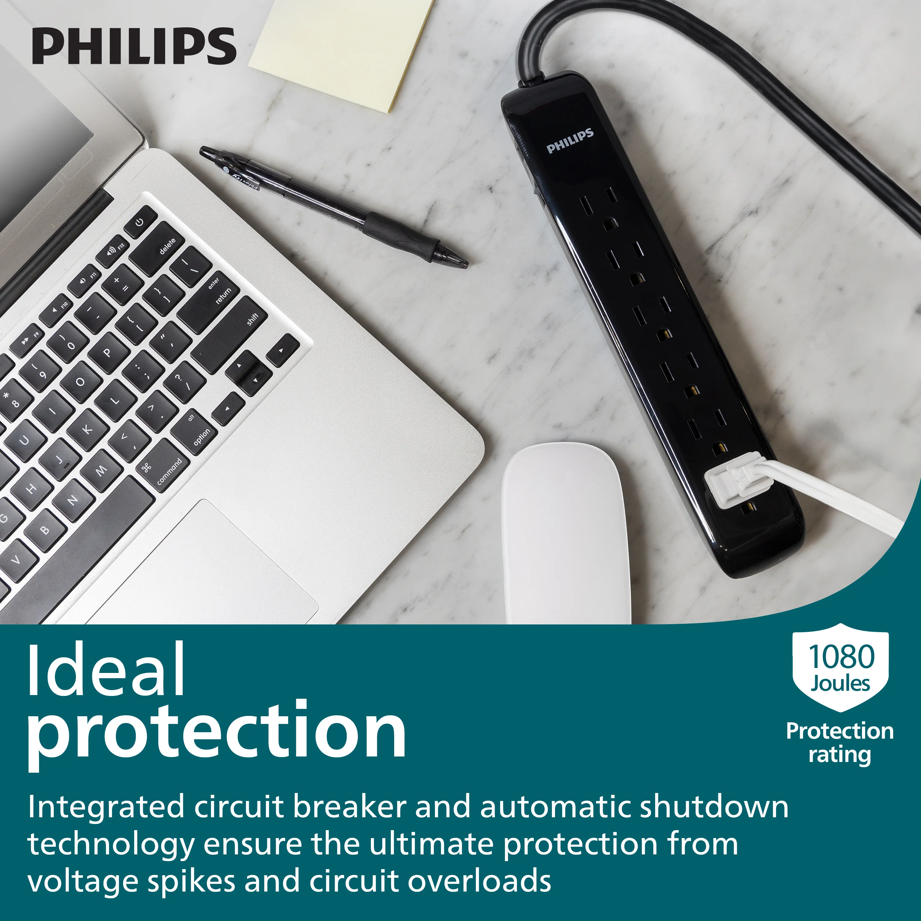 Philips 6-Outlet Surge Protector, 1080J, 10ft. Cord, Black - Image 2
