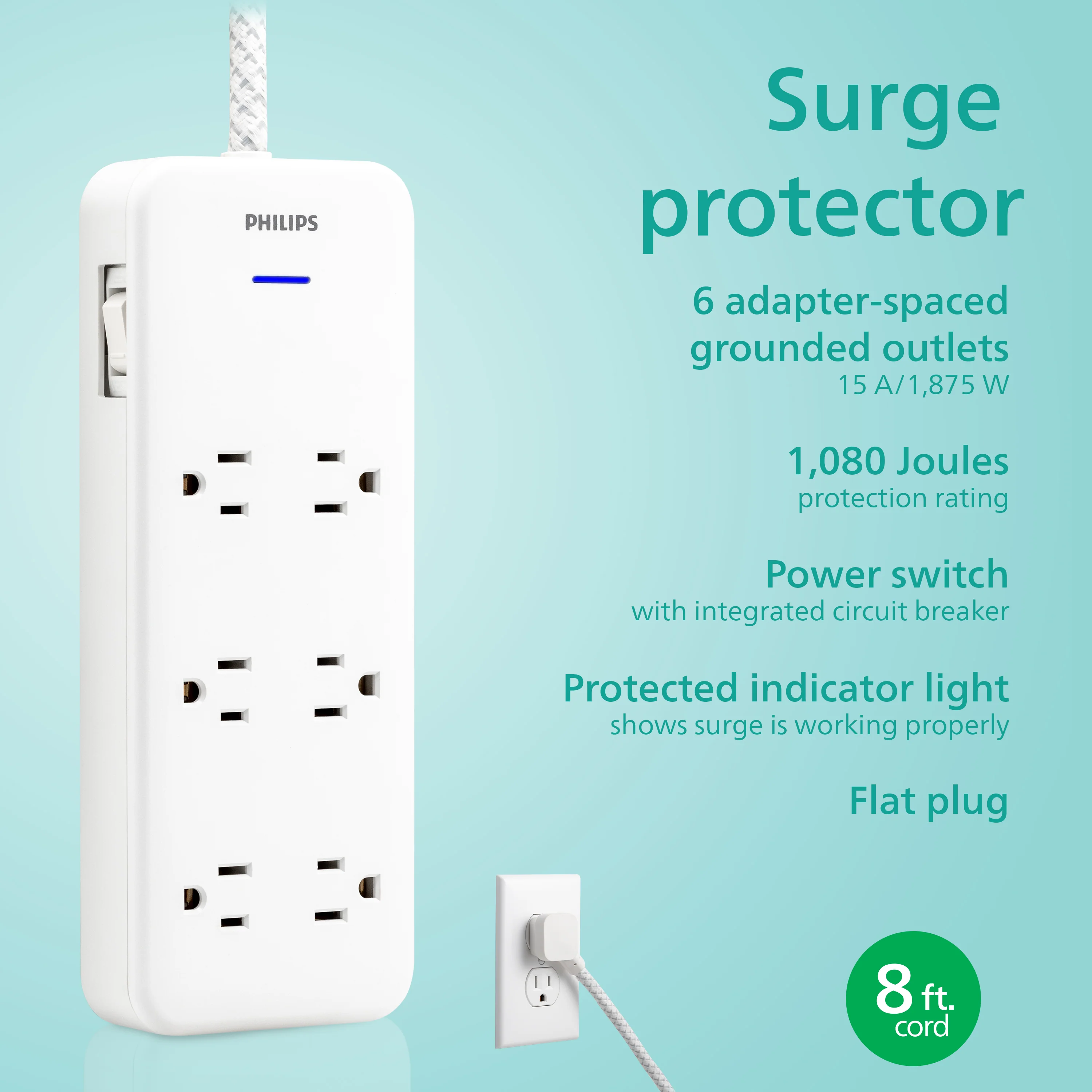 Philips 6-Outlet Surge Protector, 1080J, Adapter-Spaced, 8ft Braided Cord, White - Image 3