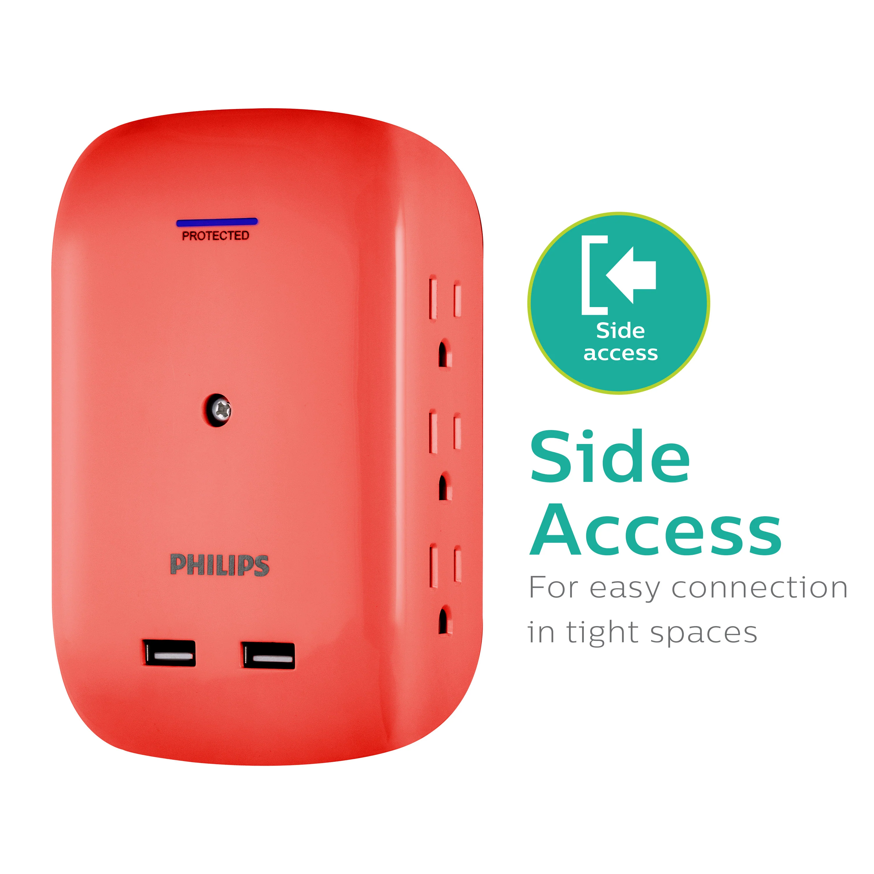 Philips 6-Outlet Tap with Device Shelf, 450J, 2USB (2.4A), Coral, 2pk - Image 4