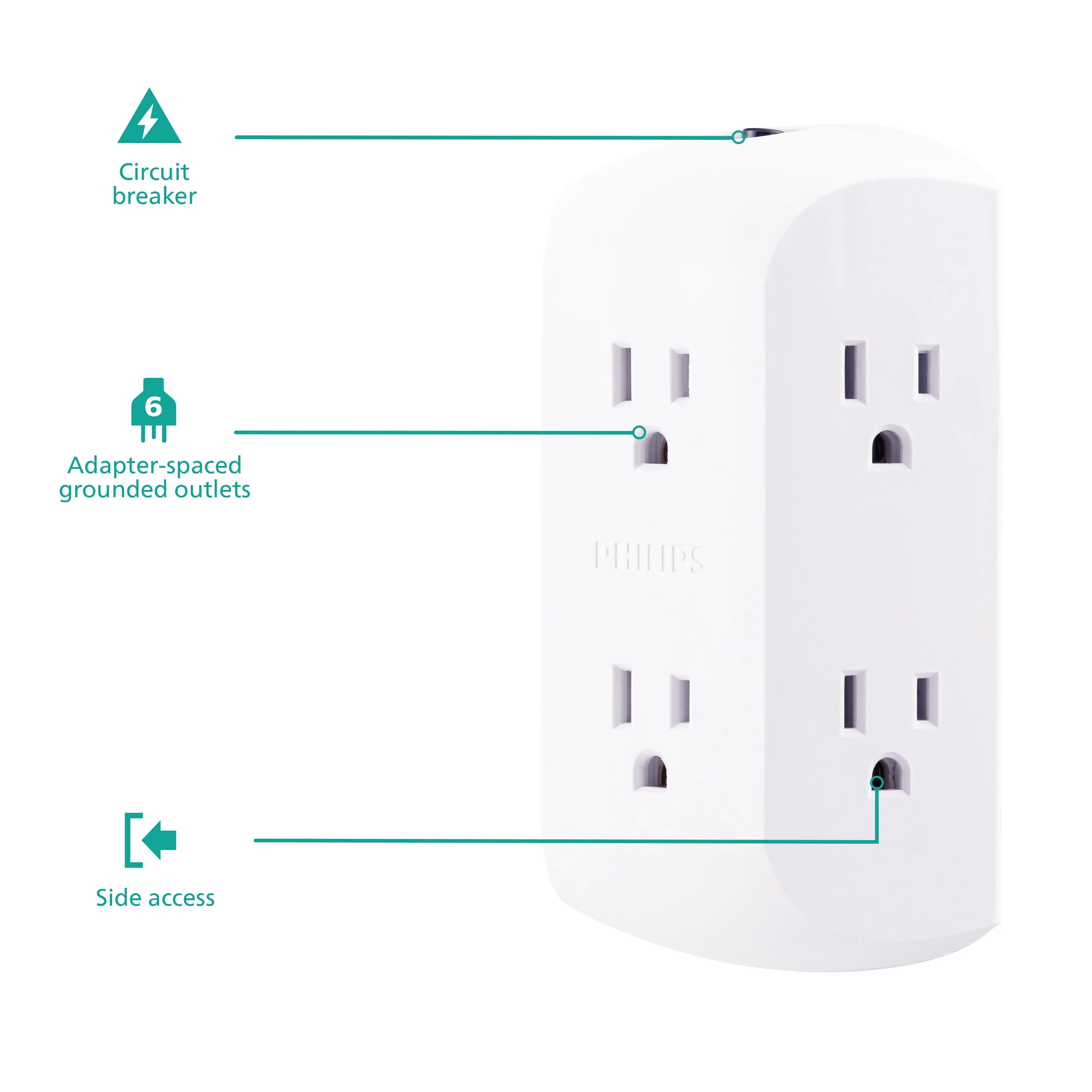 Philips 6-Outlet Wall Tap with Resettable Circuit Breaker, White - Image 3