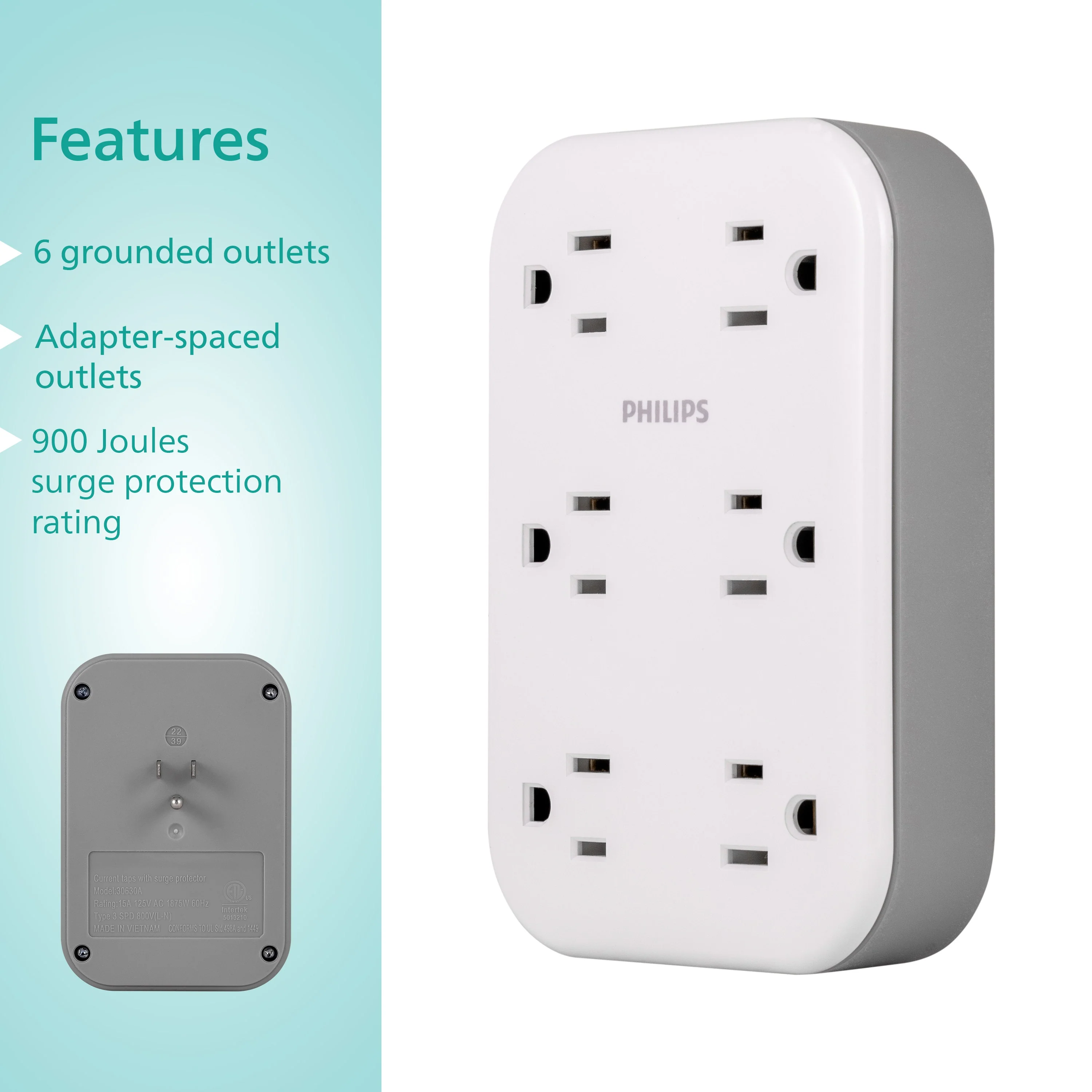 Philips 6-Outlet Wall Tap with Surge Protection and Adapter Spaced Outlets, White - Image 4