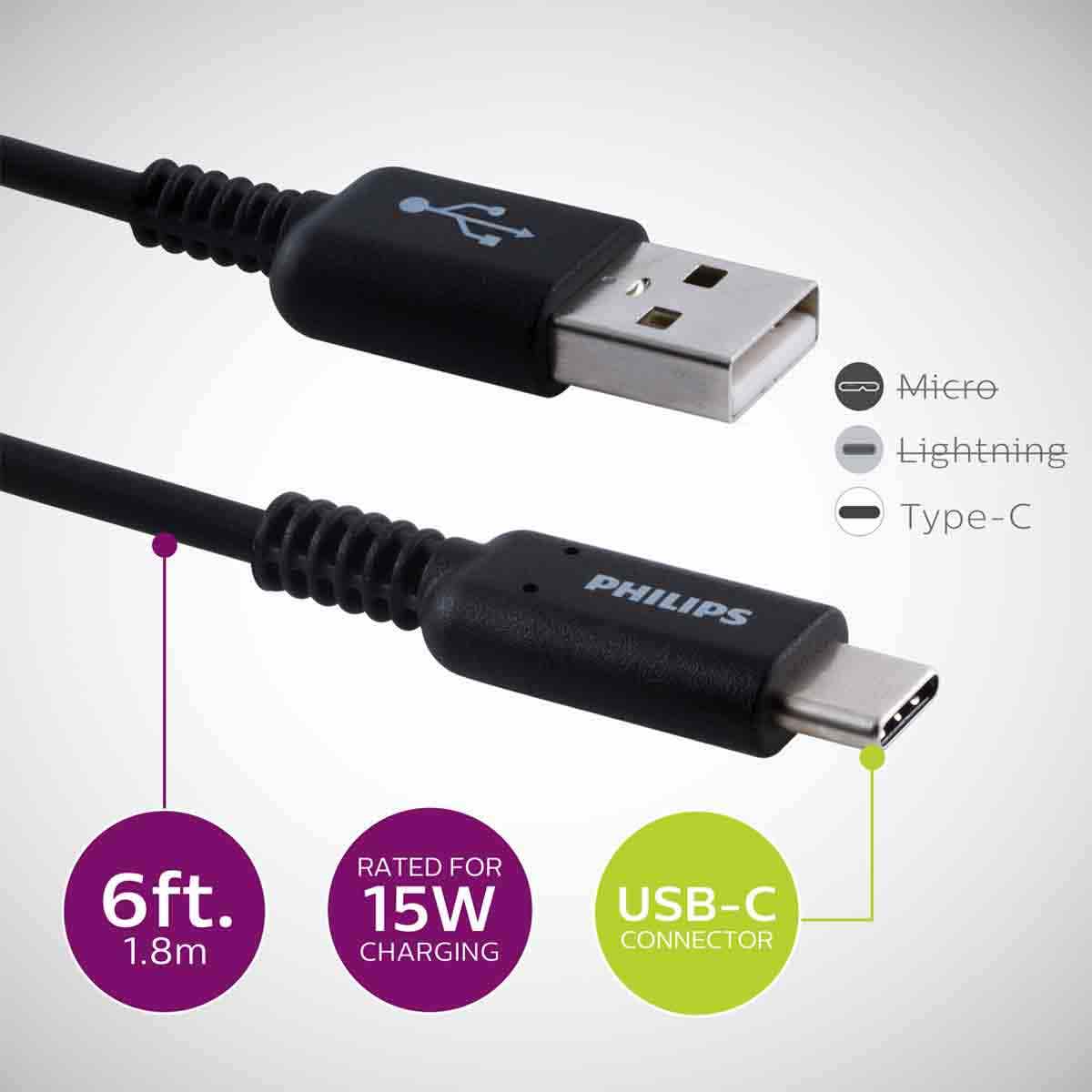 Philips 6ft. USB-C to USB-A Charging Cable, Black - Image 2