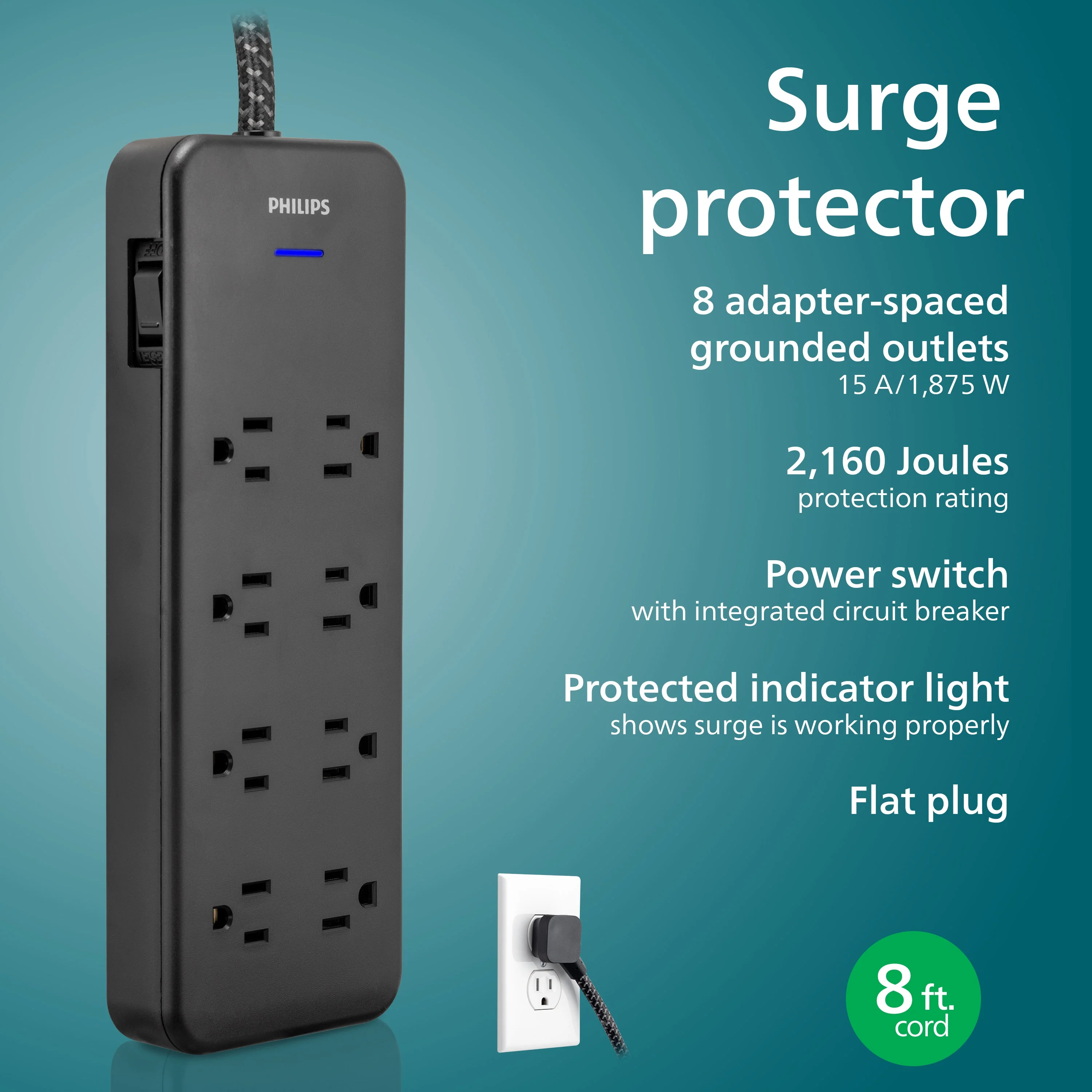 Philips 8-Outlet 8ft. Surge Protector with Adapter-Spaced Outlets, Black - Image 3