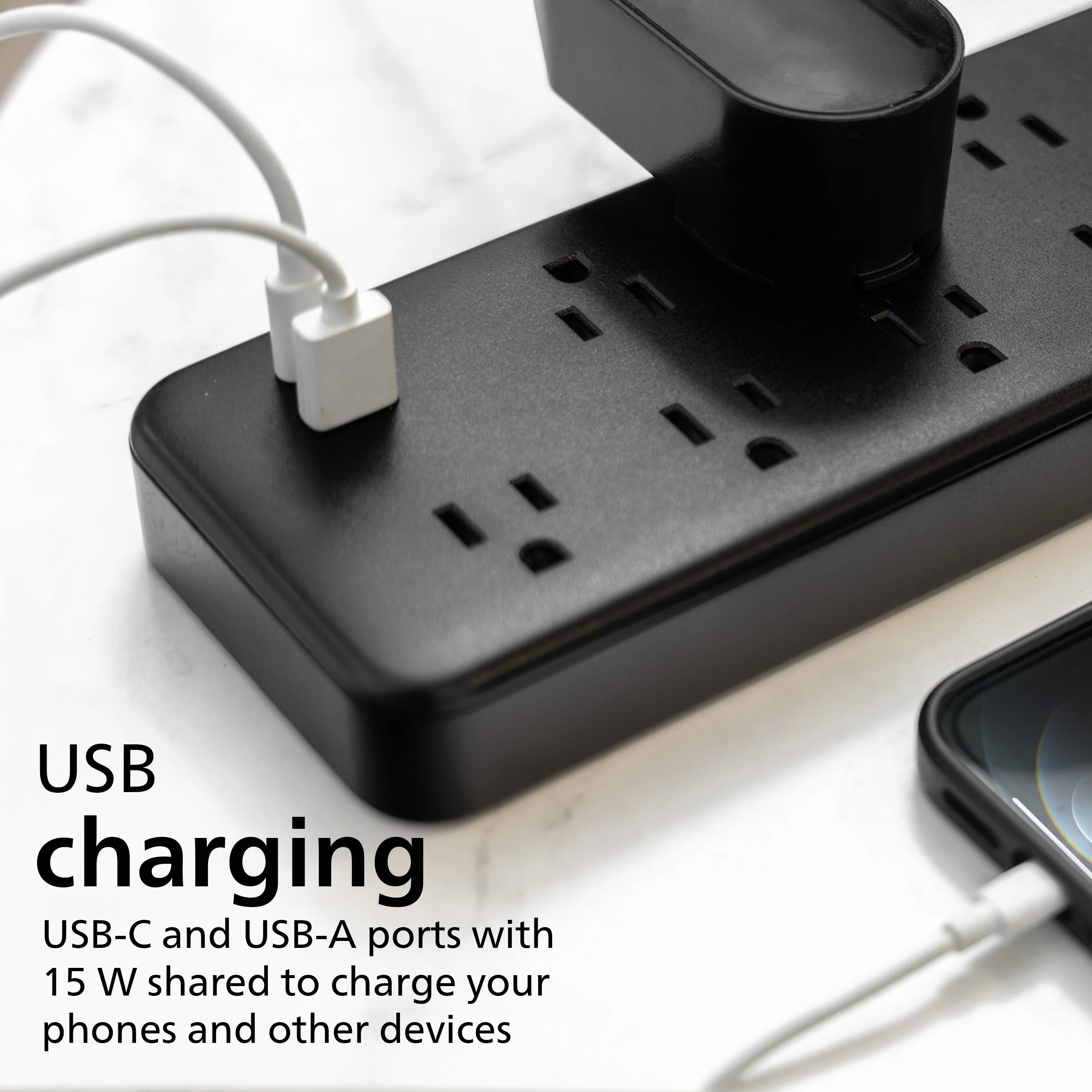 Philips 9-Outlet 6ft. 1 USB-A 1 USB-C Surge Protector With Adapter-Spaced Outlets, Black - Image 5