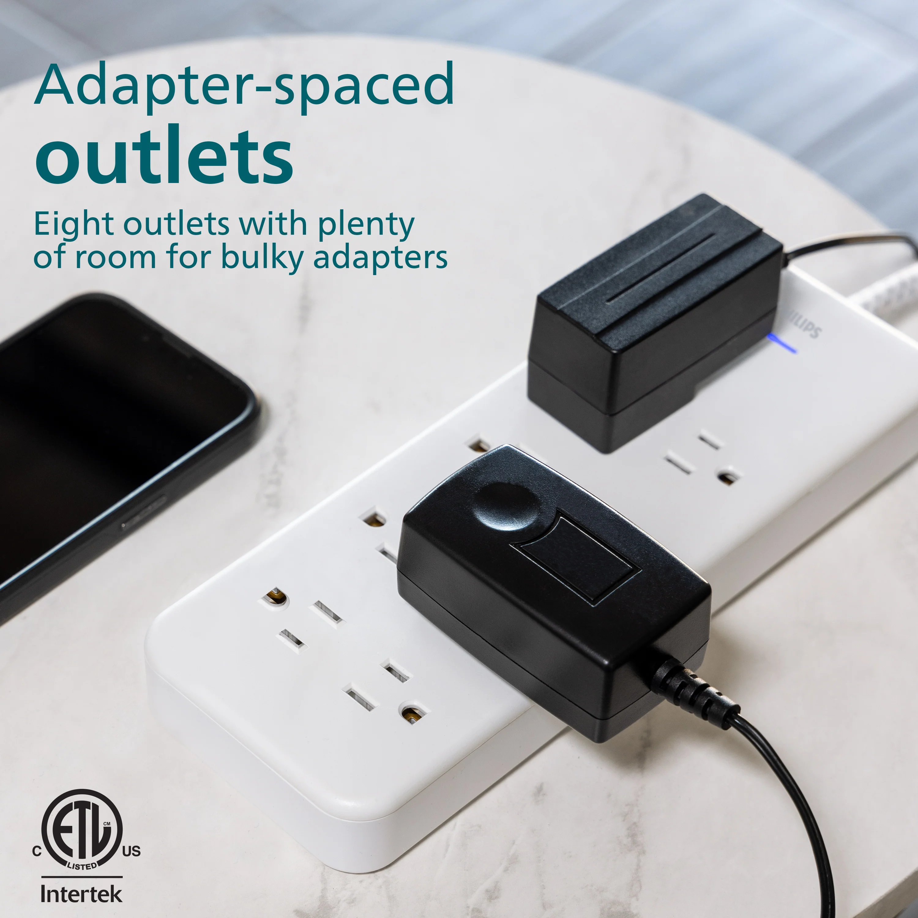 Philips Adapt 8-Outlet Surge Protector, 2160J, Adapter-Spaced, 8ft Braided Cord, White - Image 3