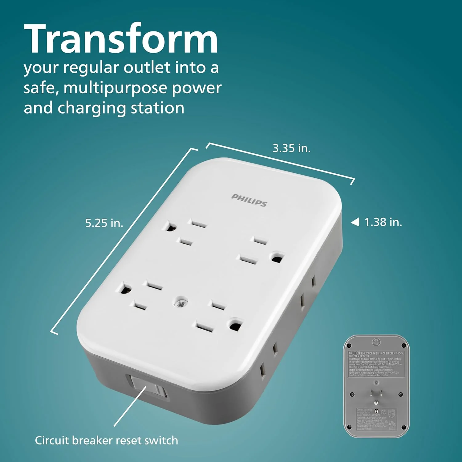 Philips All-in-One 4 Grounded plus 4 Polarized Outlet Surge Tap, 2-USB-C, 1-USB-A, 15W, 1140J, white/gray - Image 2