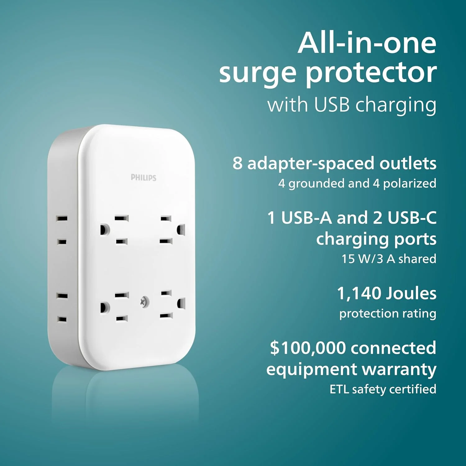 Philips All-in-One 4 Grounded plus 4 Polarized Outlet Surge Tap, 2-USB-C, 1-USB-A, 15W, 1140J, white/gray - Image 3