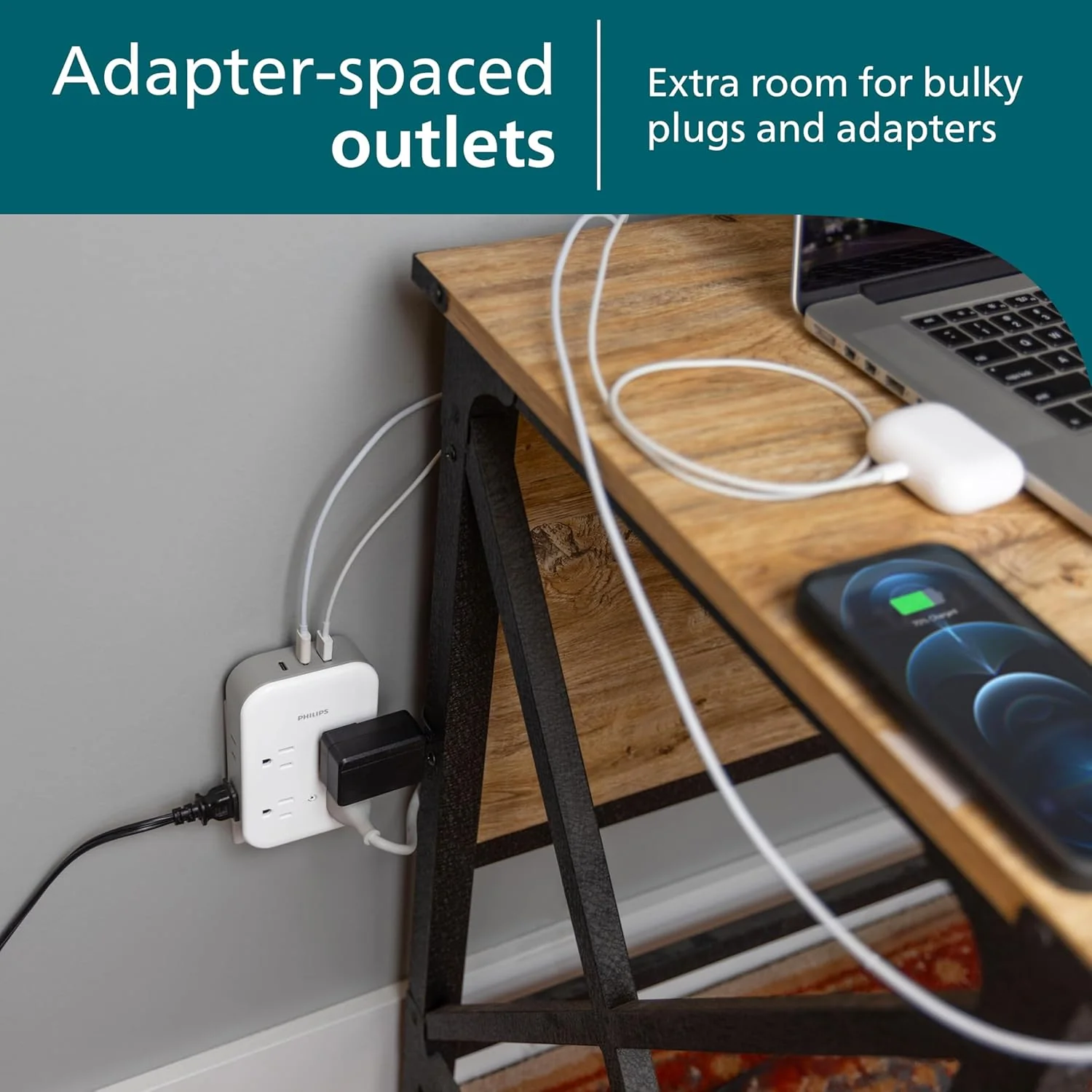 Philips All-in-One 4 Grounded plus 4 Polarized Outlet Surge Tap, 2-USB-C, 1-USB-A, 15W, 1140J, white/gray - Image 4