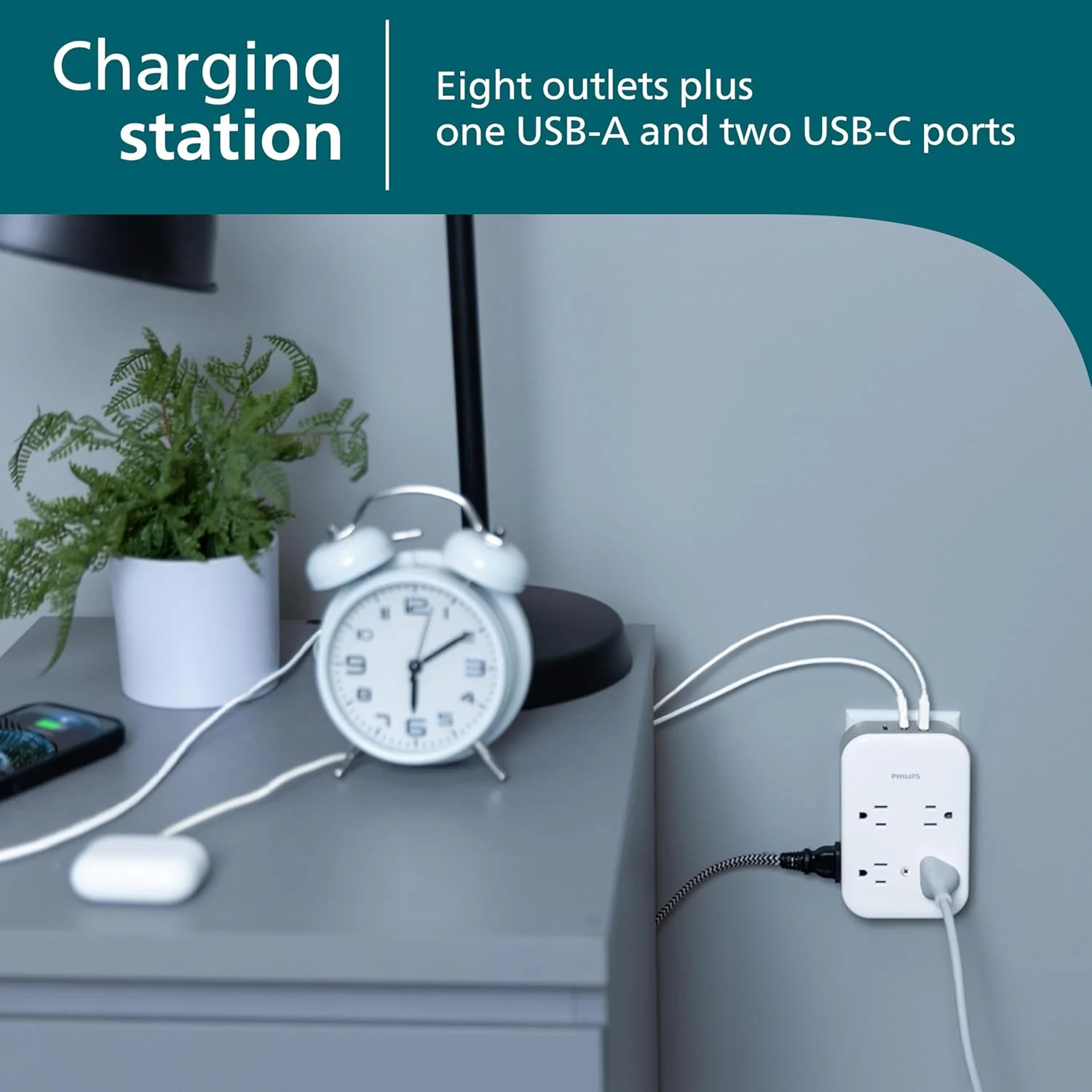 Philips All-in-One 4 Grounded plus 4 Polarized Outlet Surge Tap, 2-USB-C, 1-USB-A, 15W, 1140J, white/gray - Image 5