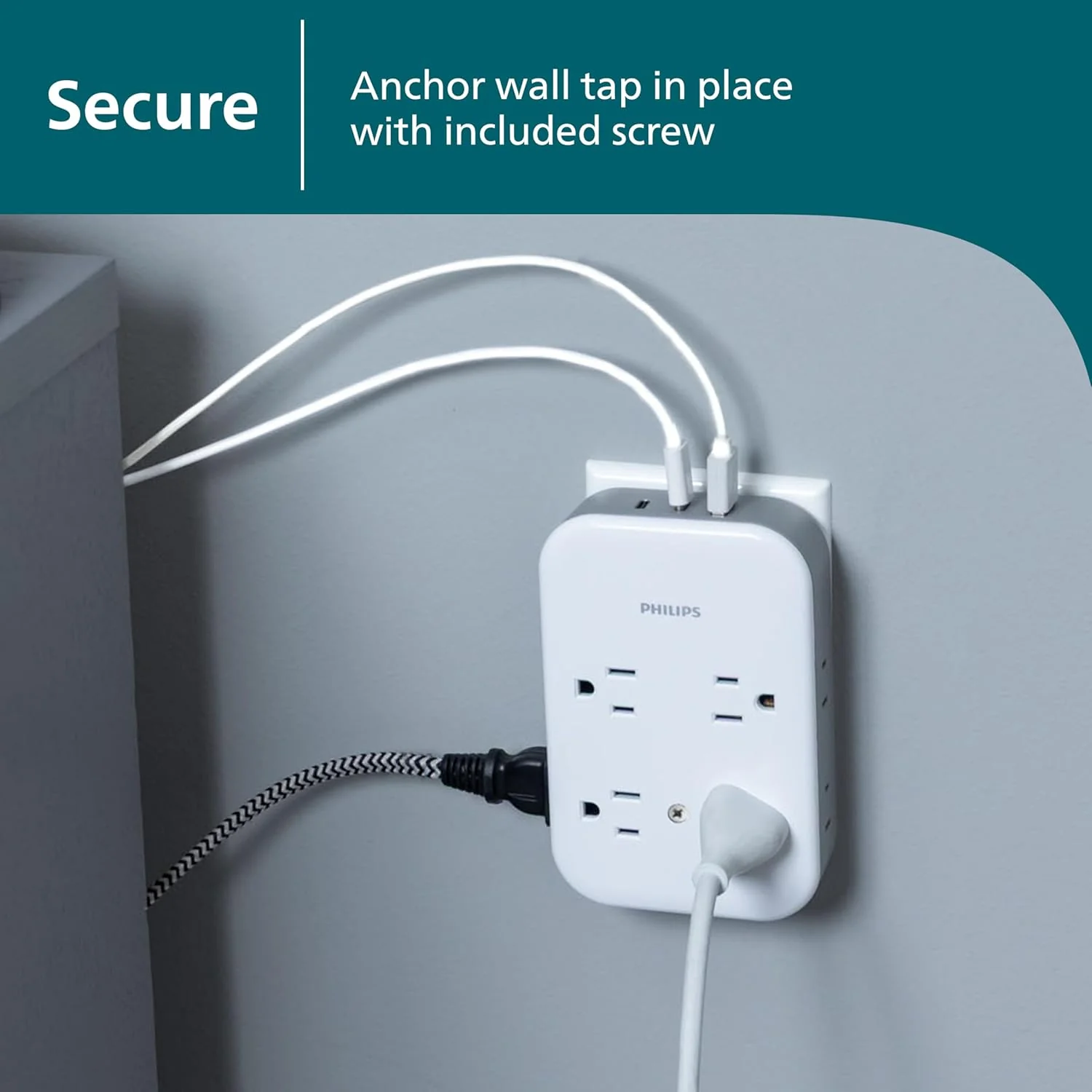 Philips All-in-One 4 Grounded plus 4 Polarized Outlet Surge Tap, 2-USB-C, 1-USB-A, 15W, 1140J, white/gray - Image 7