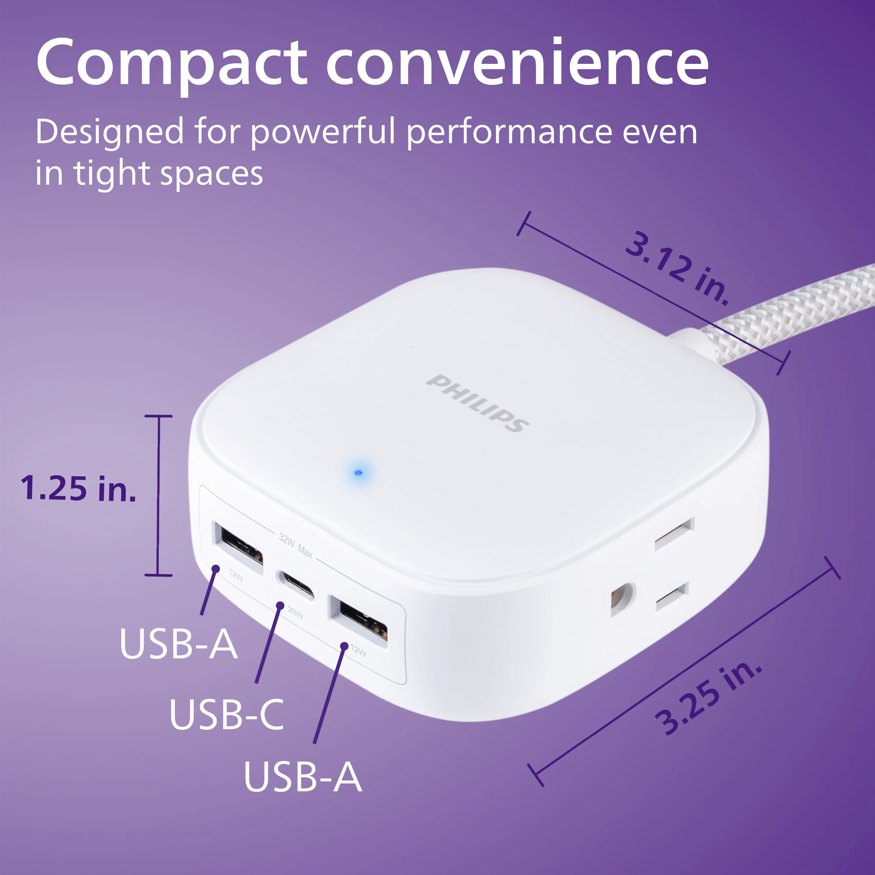Philips Desktop Charging Hub, 2 outlets, 2 USB-A, 1 USB-C, 5ft. Braided Cord, White - Image 6